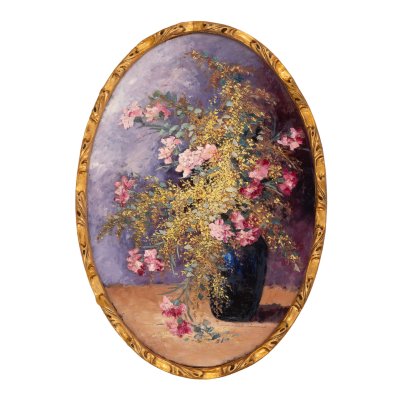 Vase with lady's bedstraw and pink carnations