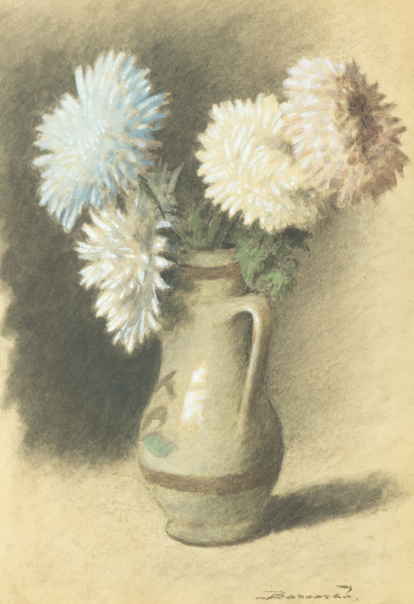 Jar with white chrysanthemums