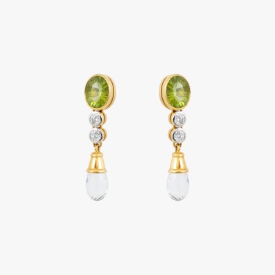 Pair of gold earrings, decorated with peridot, diamonds, and quartz
