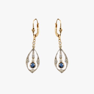 Pair of Art Deco gold and silver earrings, decorated with sapphires and diamonds