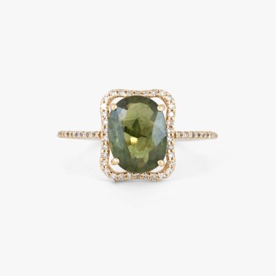 Inel din aur, decorat cu diamante și safir verde, însoțit de certificat gemologic HRD Antwerp