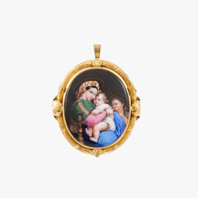 "Madonna della Seggiola" - broșă din aur, decorată cu medalion din porțelan, cca. 1900