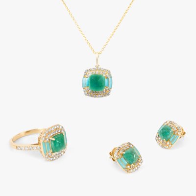 Chain set with pendant, ring and pair of earrings, made of gold, decorated with emeralds, enamel and diamonds