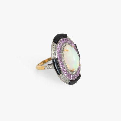 Gilded silver ring, decorated with a central opal, diamonds, pink sapphires and black chalcedony