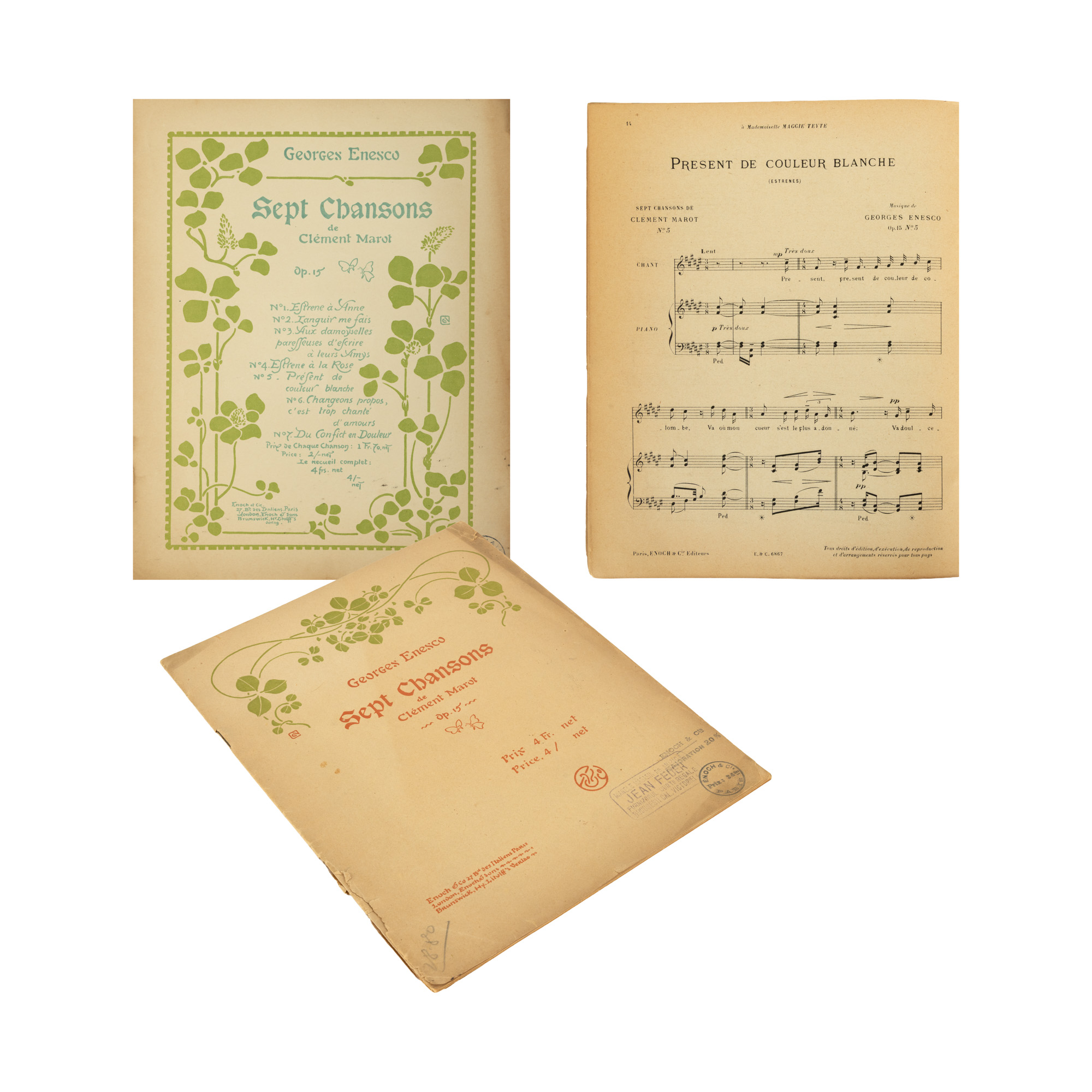 Partitură George Enescu ”Șapte cântece”, de Clement Marot, anii '20, cu ex-libris Marele Magazin de Muzică Jean Feder-Furnizorul Curții Regale, București