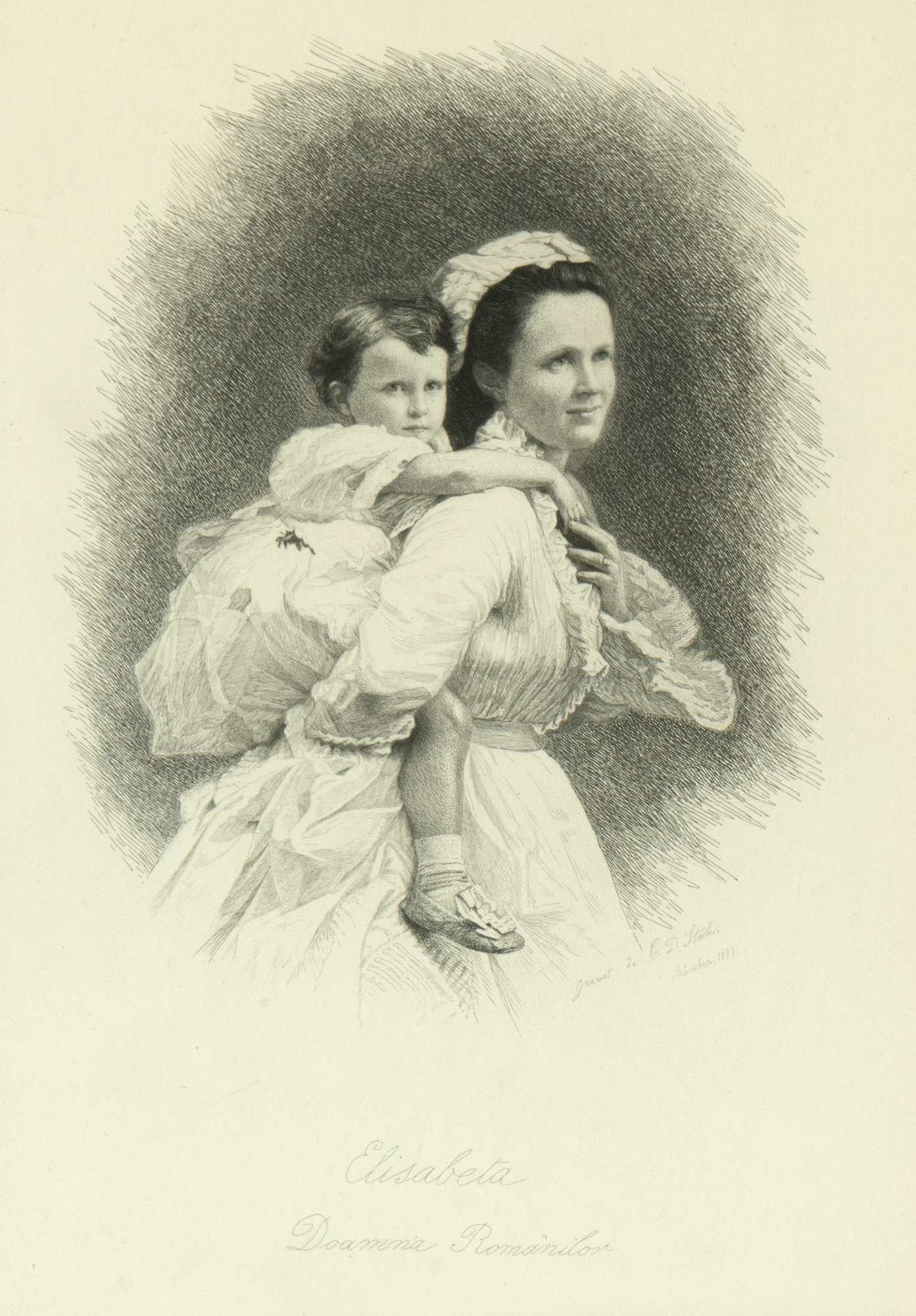 Lithograph illustrating Queen Elizabeth and Princess Mărioara