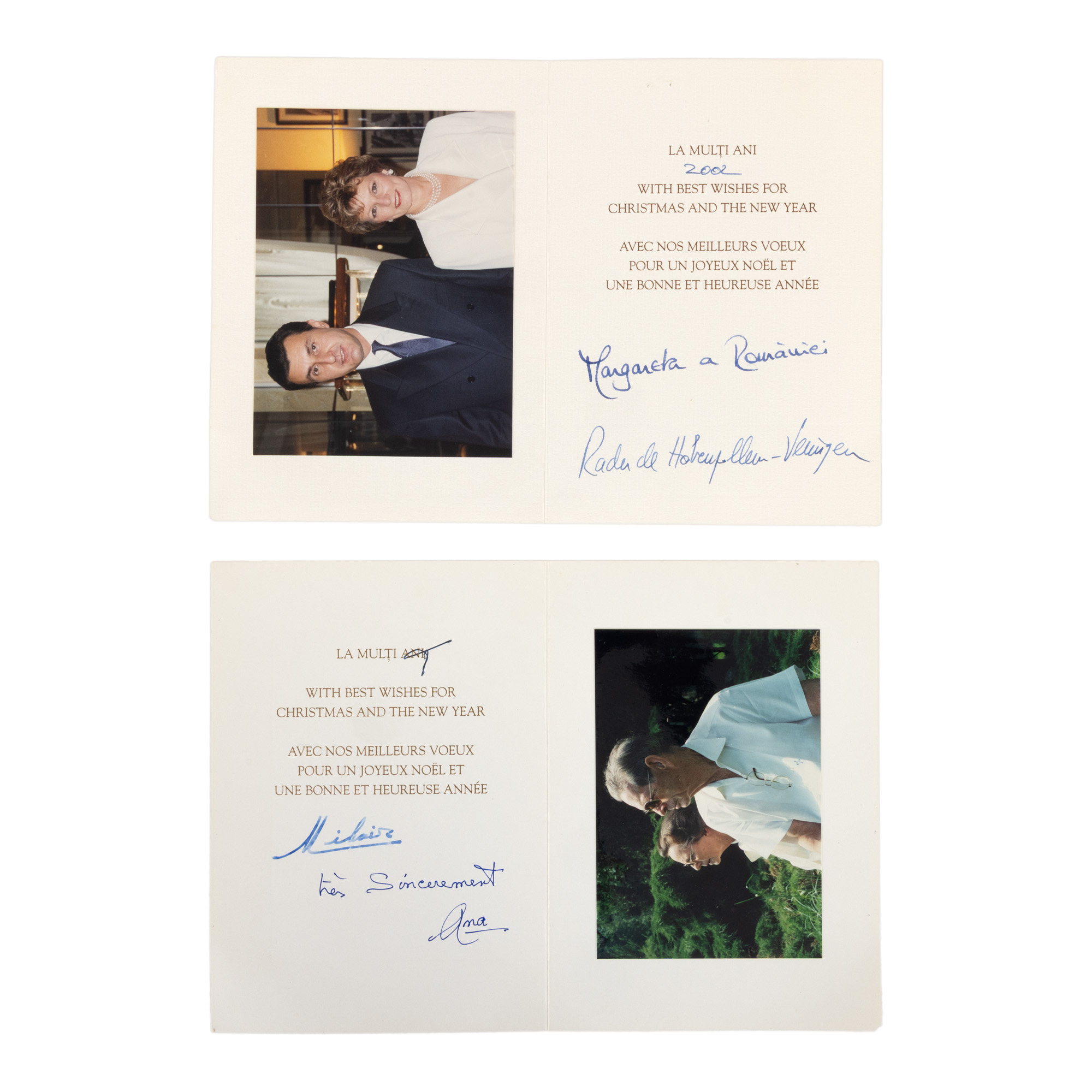Lot format din două felicitări trimise cu ocazia Crăciunului de către membrii Casei regale a României, Regele Mihai, Regina Ana, Principele Radu și Principesa Margareta, cu semnăturile olografe ale acestora, 2002