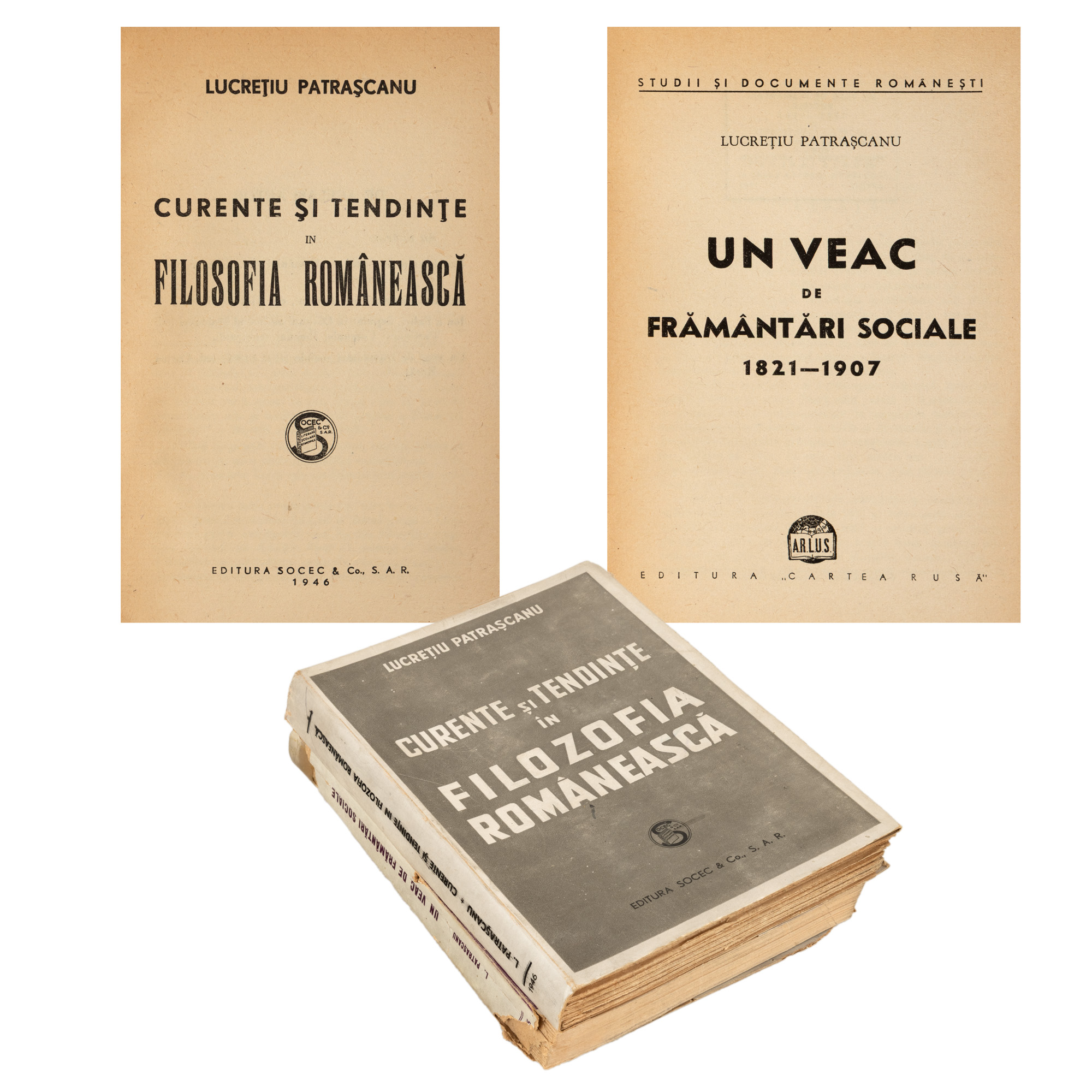 Lot consisting of "A Century of Social Struggles 1821-1907", Bucharest, 1945 and "Currents and Trends in Romanian Philosophy", Bucharest, 1946, both by Lucrețiu Pătrășcanu, both first editions.