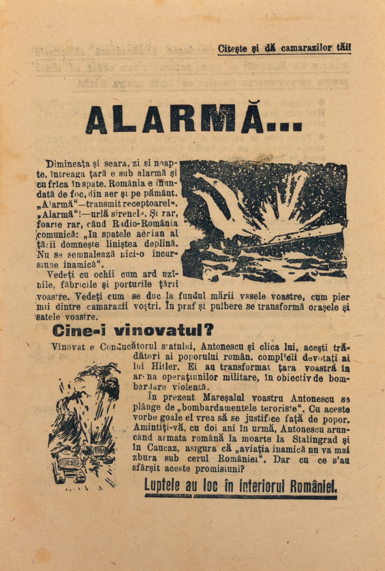 Communist propaganda leaflet distributed against Marshal Ion Antonescu regime, circa 1944