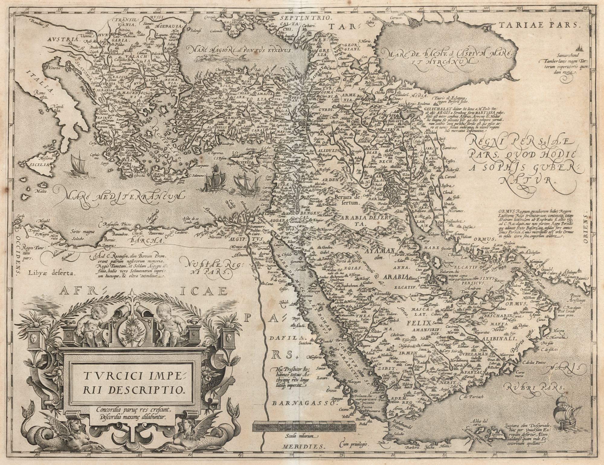 Hartă ”Imperiul Otoman”, de Abraham Ortelius, ediția Theatrum Orbis Terrarum, Antwerp, prima ediție în 1570