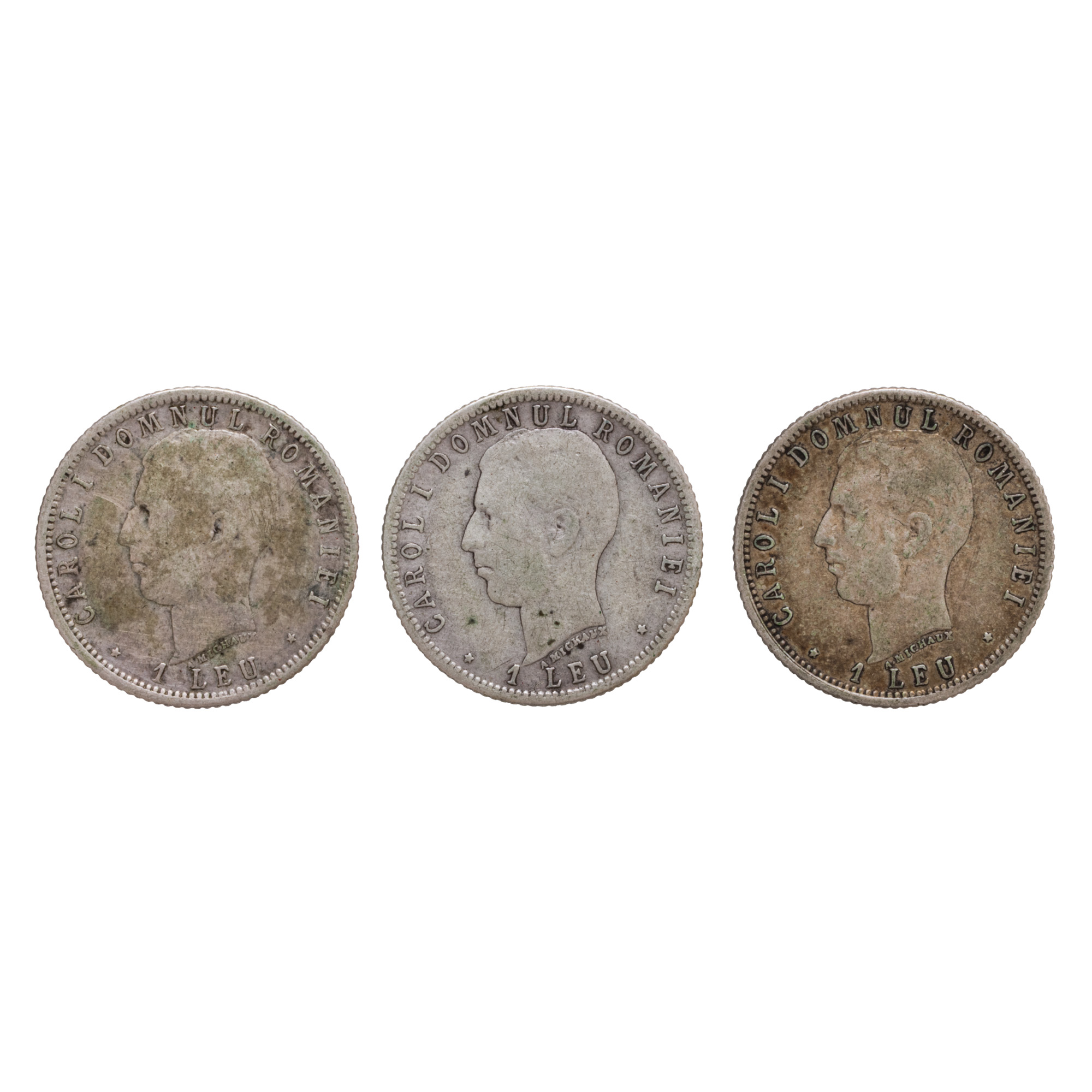 Lot format din trei monede, 1 Leu, Carol I, 1906, argint