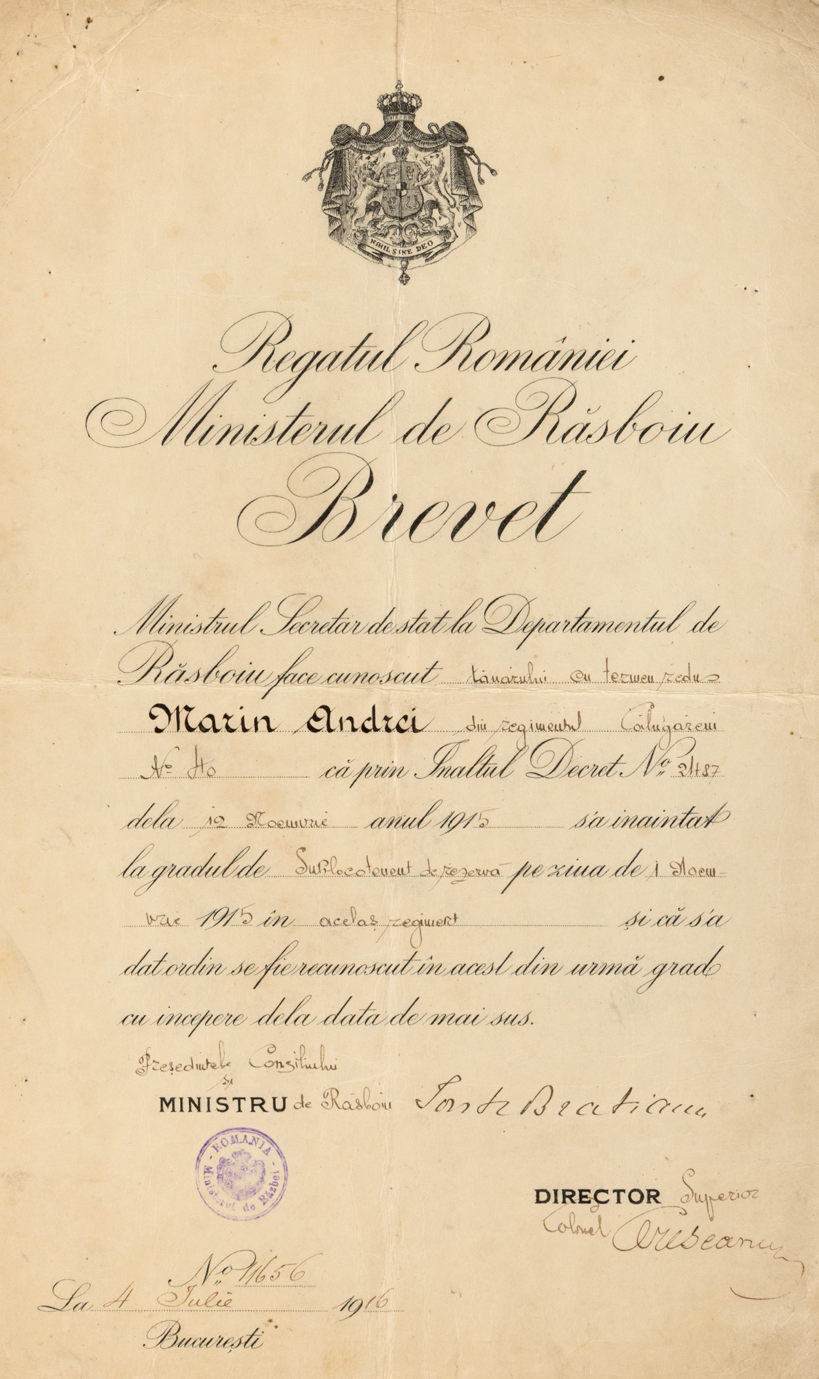 Brevet regal de înaintare la gradul de sublocotenent în rezervă a TR Andrei Marin din Regimentul Călugăreni nr. 40, 4 iulie 1916, cu semnătura olografă a Ministrului de Război Ion I.C. Brătianu