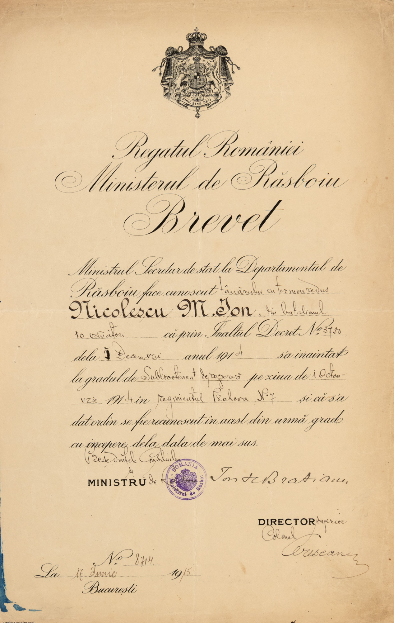 Brevet de înaintare la gradul de sublocotenent în rezervă acordat lui Ion M. Nicolescu, din Regimentul Prahova nr. 7, 17 iunie 1915, cu semnătura olografă a lui Ion I.C. Brătianu
