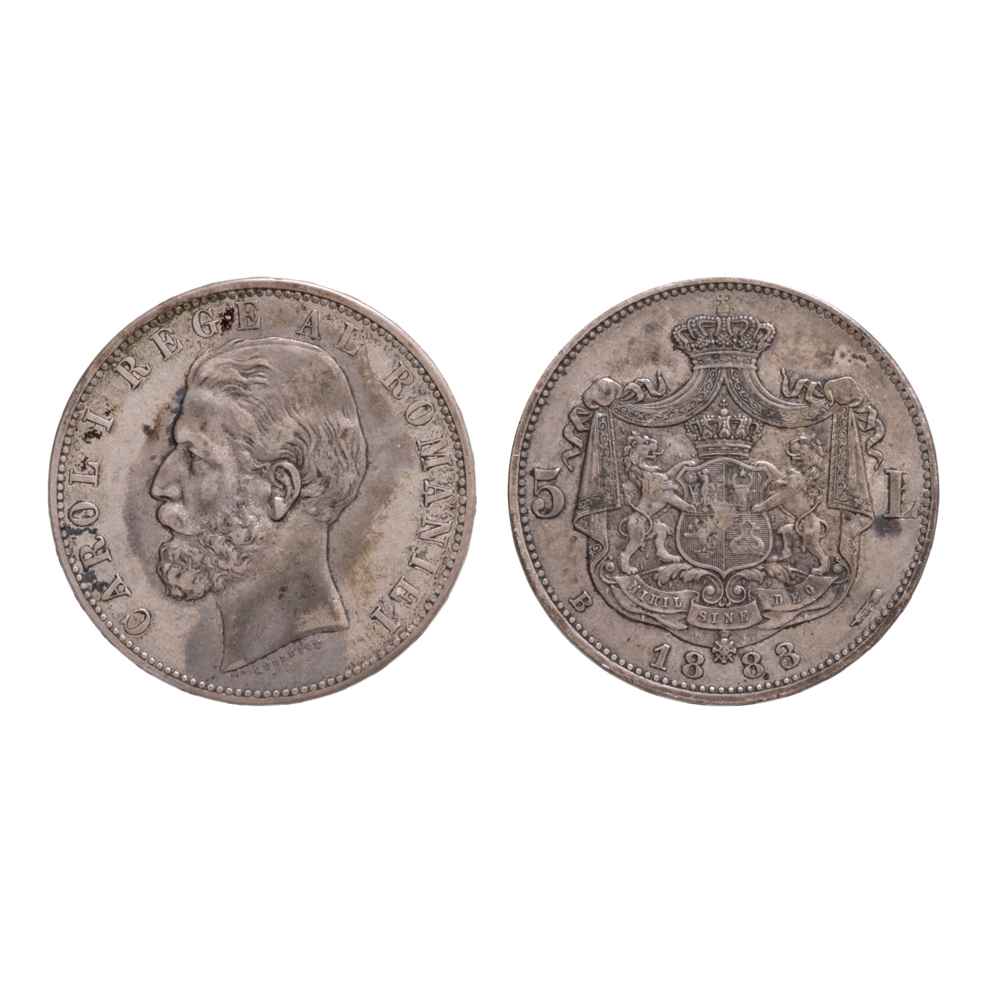 Monedă 5 Lei, Carol I, 1883, tipul cu romb la coroană, argint