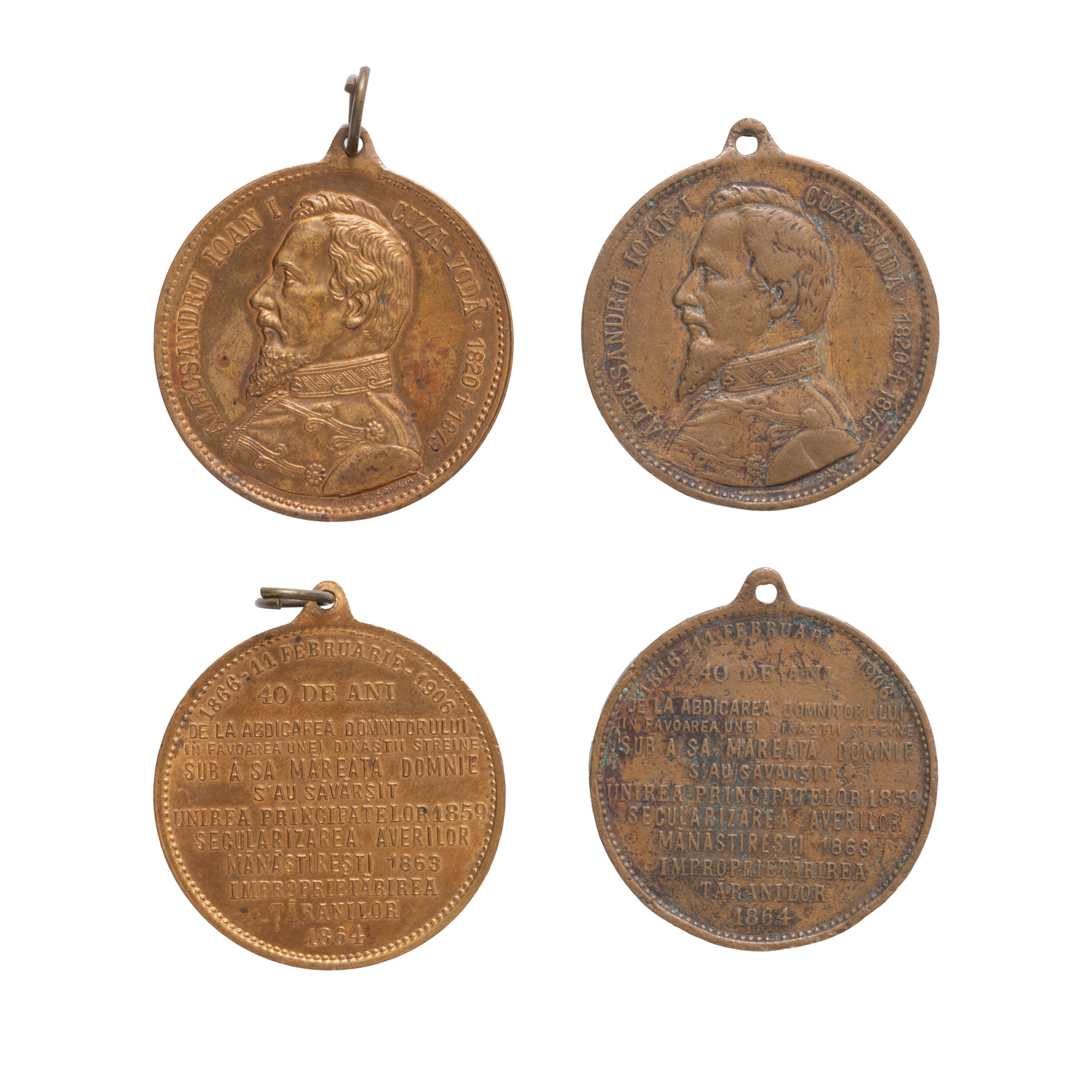 Lot consisting of two medals "40 years since the abdication of Alexandru Ioan Cuza", engraver F. Șaraga, 1904