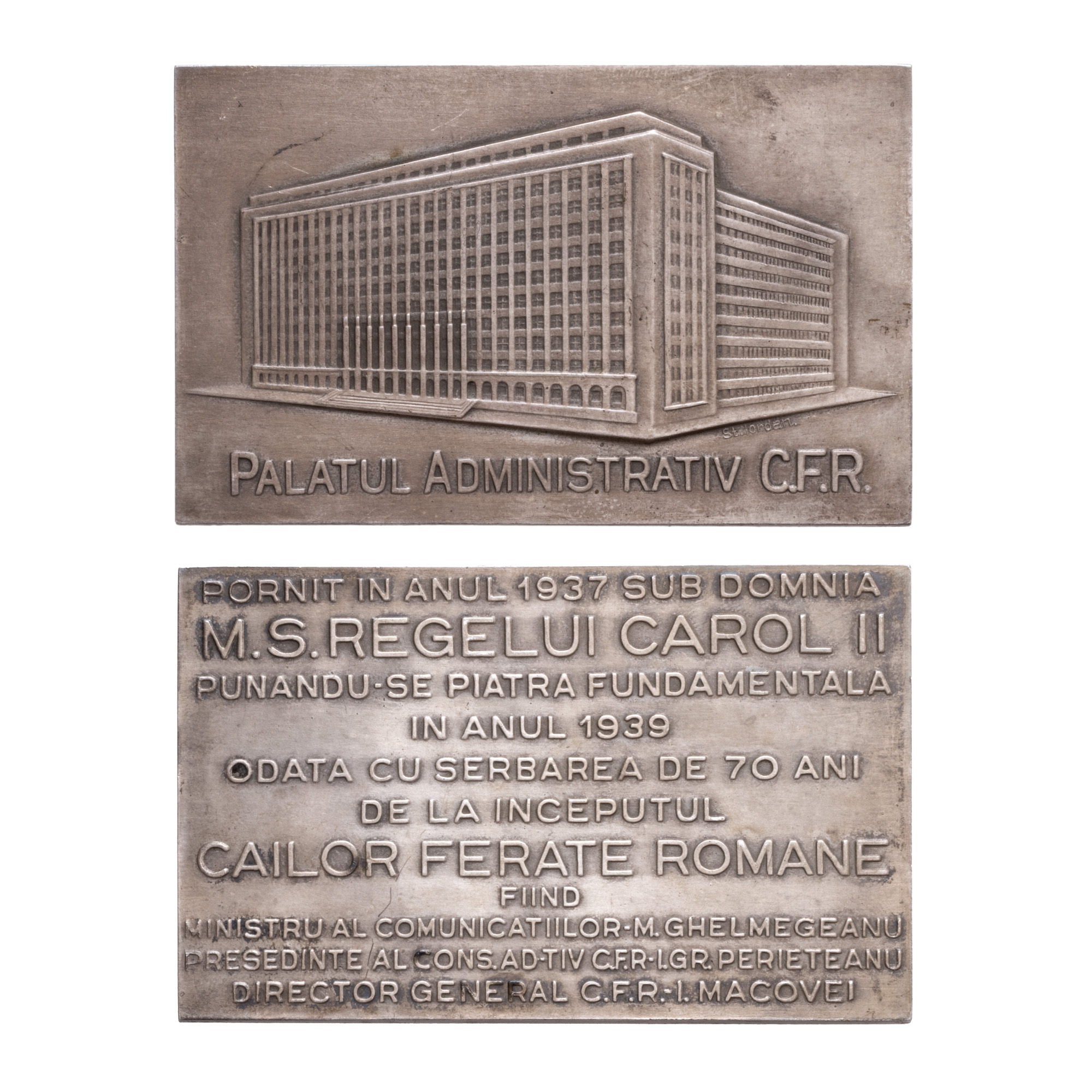 Placheta ”70 de ani de la înființarea CFR”, gravor Ștefan Iordan, 1939