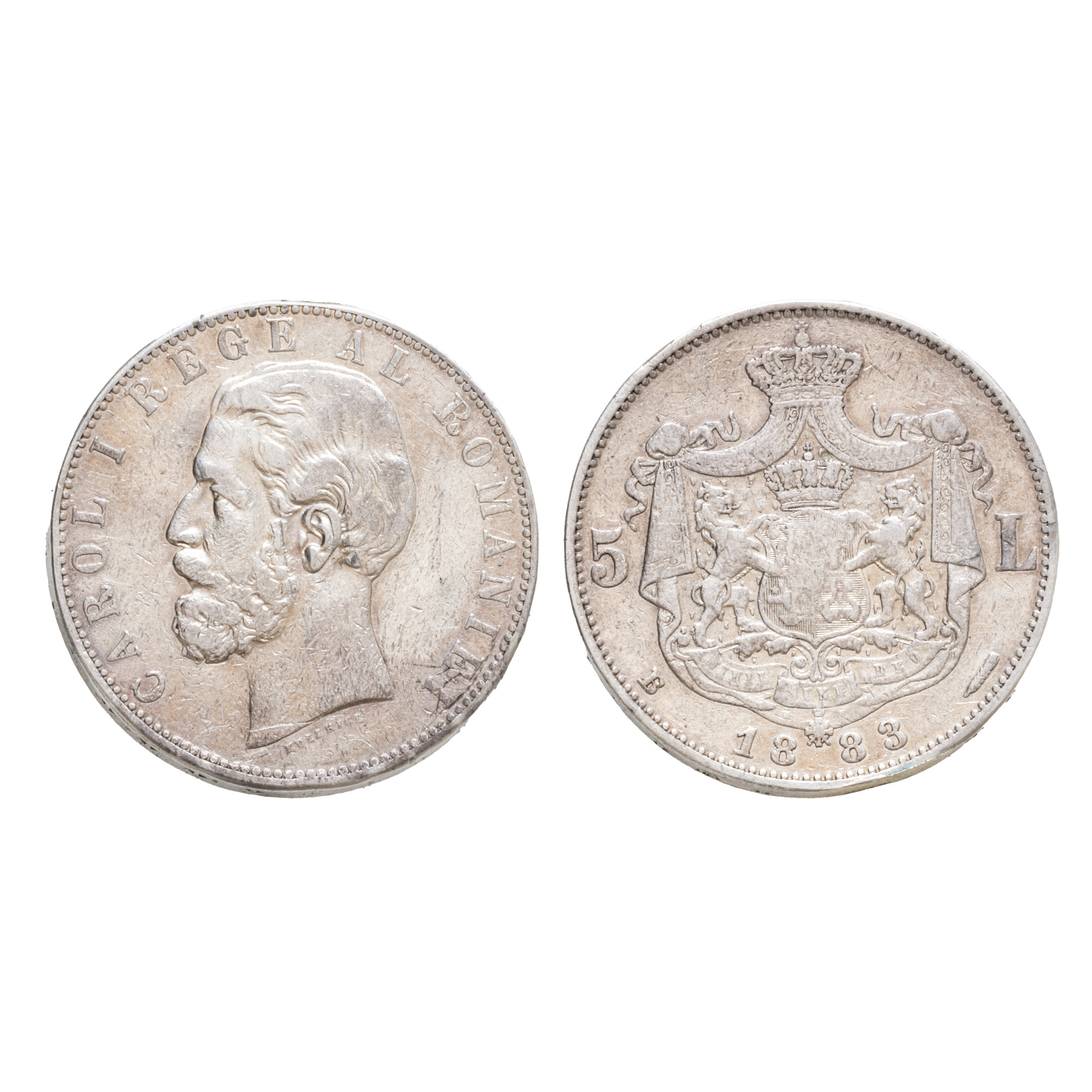 5 Lei Coin, Carol I, 1883, type with diamond at crown, silver