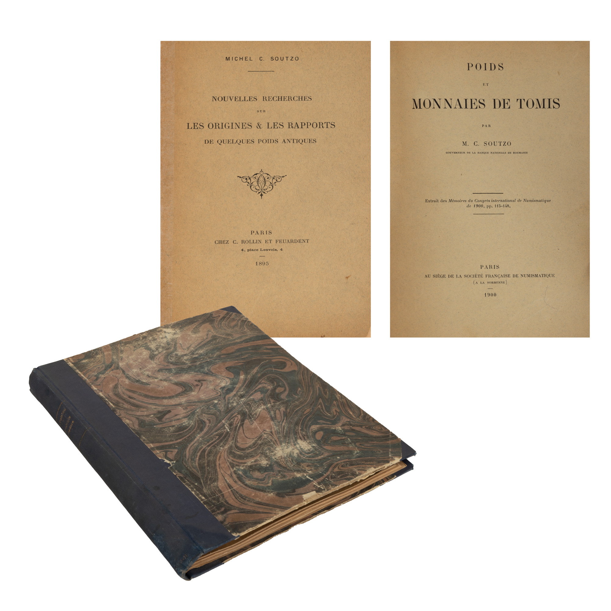 "Collected numismatic studies published by Mihail Șuțu, "New research on the origins and relations of ancient weights", French, Paris, 1895, with the dedication and holographic signature of the author, "Weights and coins from Tomis", French, Paris, 1900, "The Mina from Perinthus", Bucharest, 1905, "Supplement to the study of the mina from Perinthos", French, Bucharest, 1912, "Unpublished weights and coins from our Pontic cities", Bucharest, 1916, "Reports of the 1919 sessions", French, Paris, 1919, "I. The evolution of weights in antiquity. II. Roman bronze coins from the Principate period", French, Bucharest, 1921, "The fundamental bases of the metrology of weights in antiquity", French, Bucharest, 1930, "The Assyrian-Chaldean origins of Roman weights", Bucharest, 1909, "The weight standard from Perinthus", Bucharest, 1912, "The Assyrian-Chaldean origins of Roman weights", French, Bucharest, 1909, "The study of the weight monuments from Susa", French, Paris, 1911, with the holographic signature of Constantin Moisil"