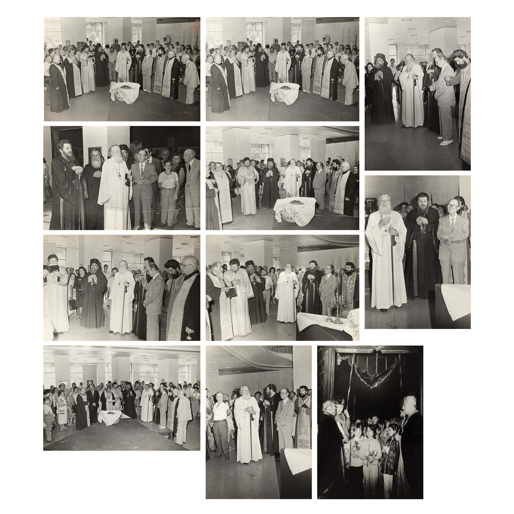 Lot format din 11 fotografii ilustrând o slujbă religioasă condusă de Patriarhul Teoctist alături de Părintele Galeriu, Galeria Orizont, București, 1990