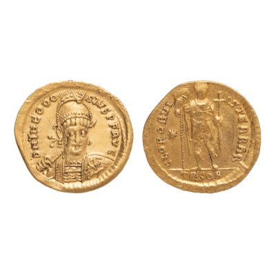 Monedă Solidus, Teodosius II, Imperiul Roman de Răsărit, 424-425 e.n., aur