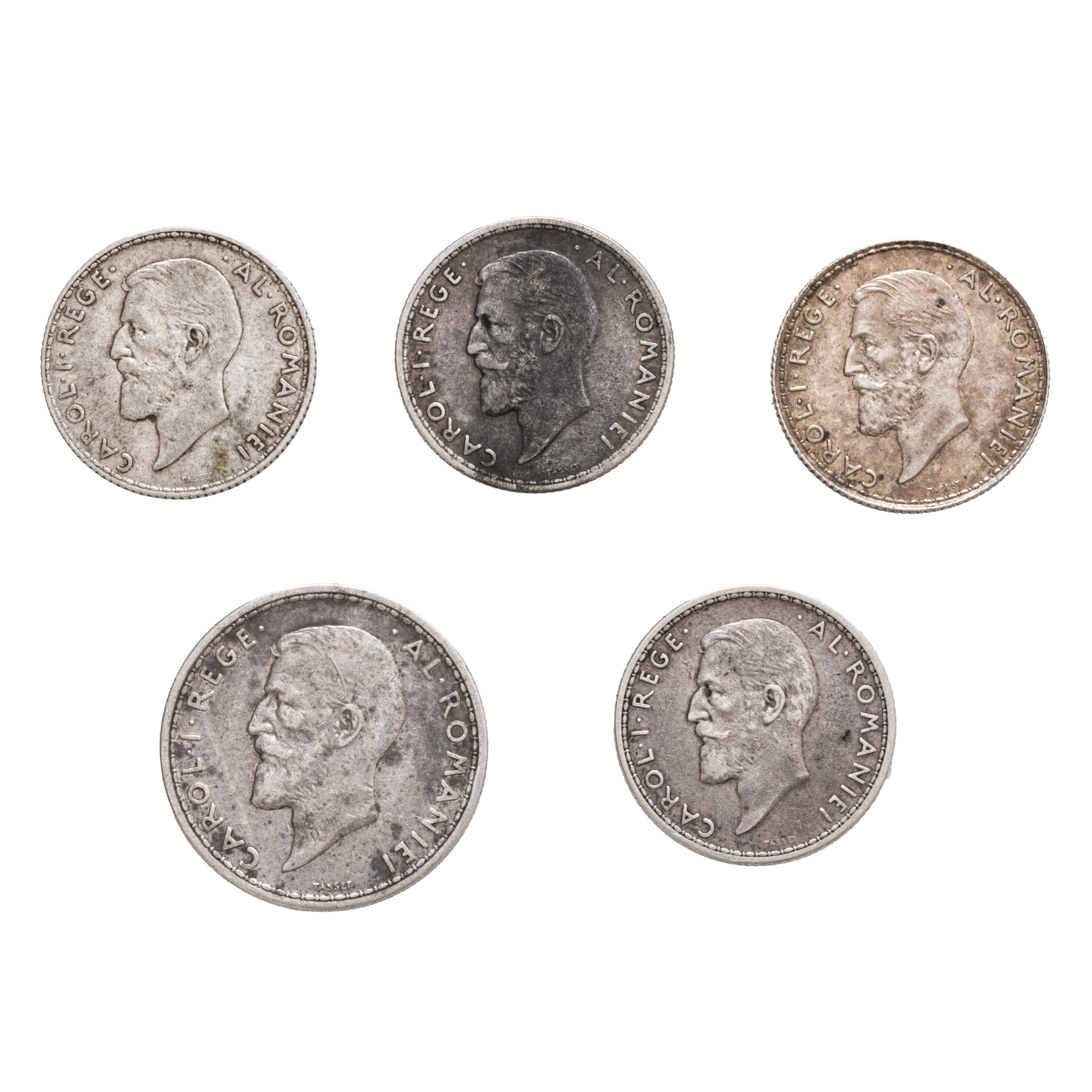 Lot consisting of four 1 Leu coins, Carol I, 1910-1914, silver, and one 2 Lei coin, Carol I, 1910, silver