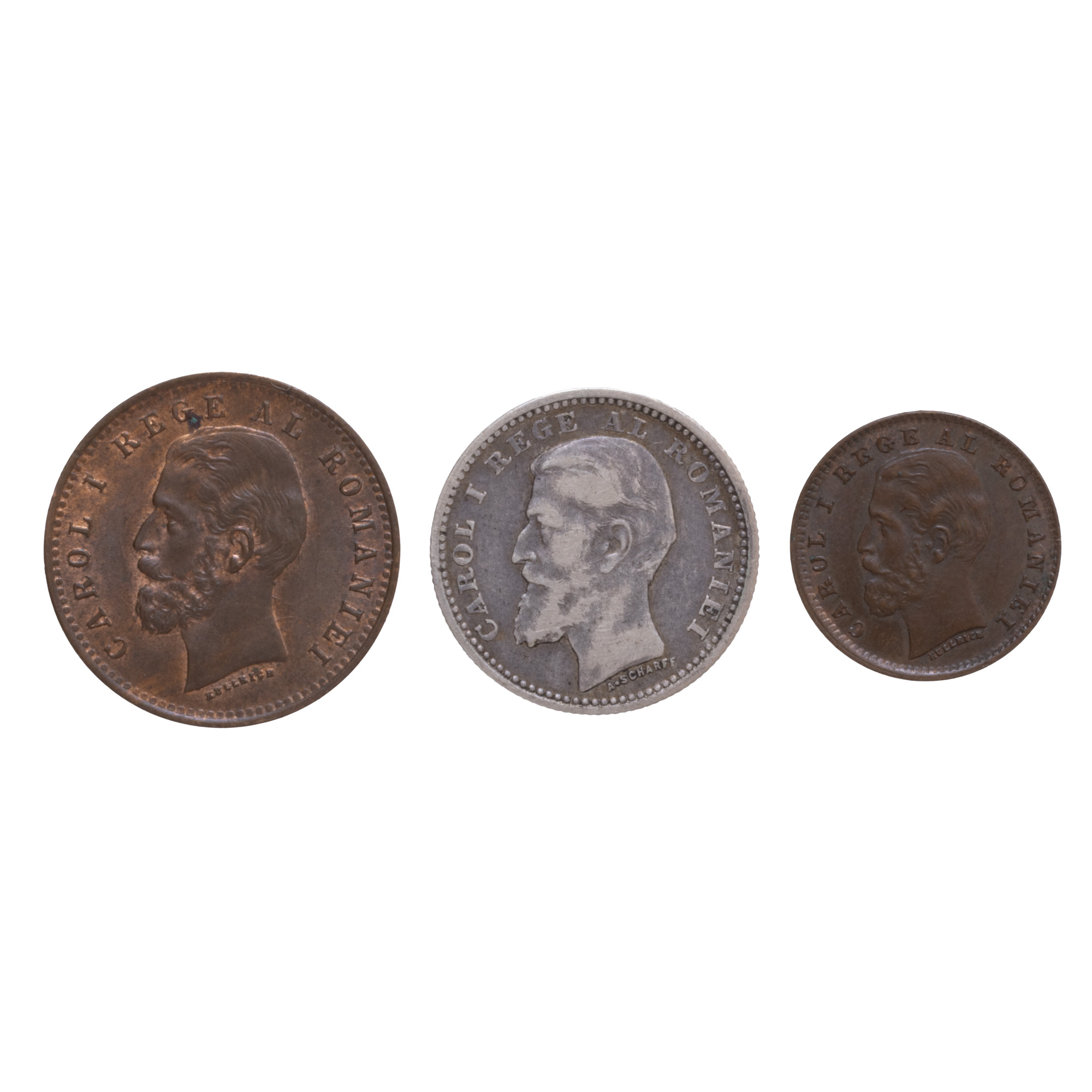 Lot format trei monede, 50 Bani, 2 Bani, 1 Ban, Carol I, 1900