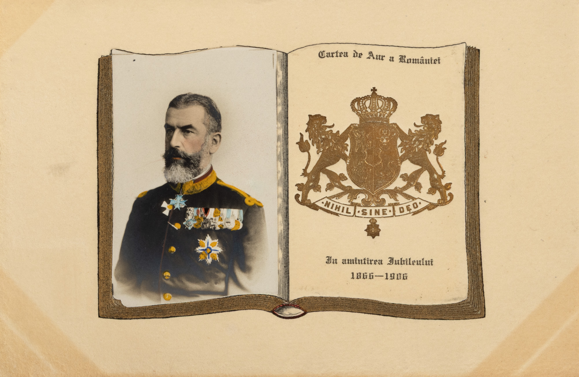 Carte poștală ”Cartea de Aur a României-În amintirea jubileului 1866-1906”, 1906, cu portretul Regelui Carol I, piesă rară, de colecție