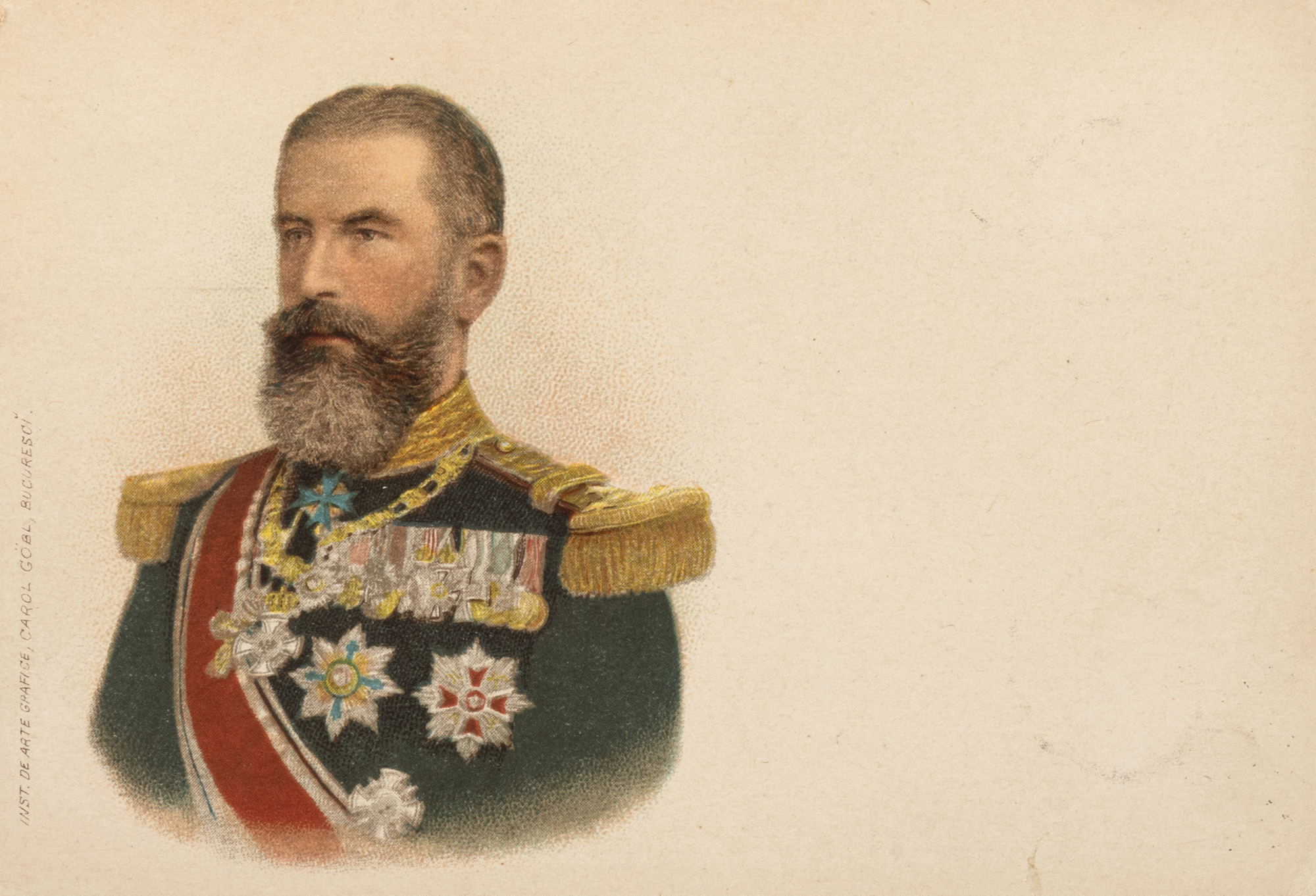 Carte poștală ilustrându-l pe Regele Carol I, editor Institutul de Arte Grafice Carol Gôbl, București, cca. 1900