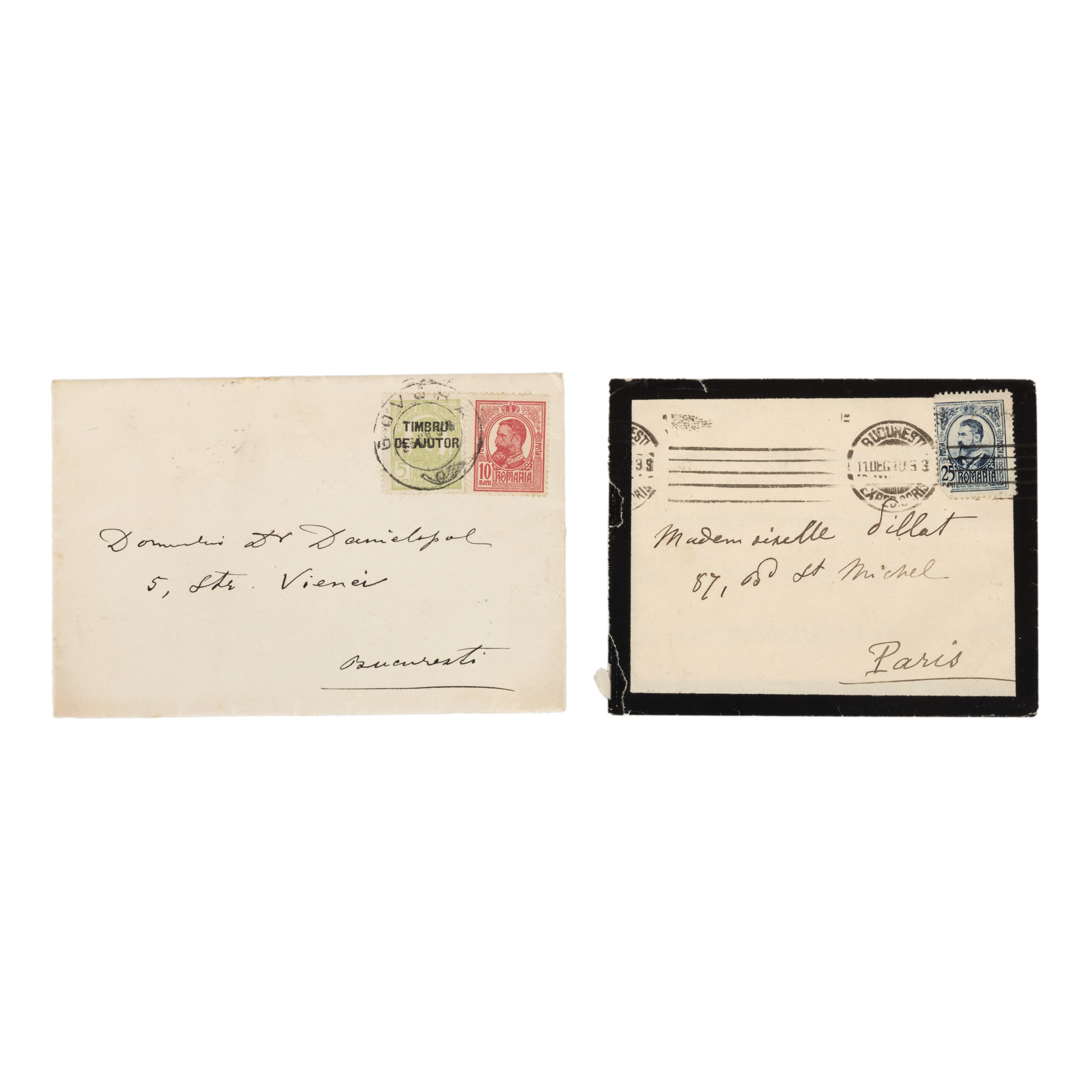 Lot consisting of a handwritten letter sent by Doctor Constantin Cantacuzino to Doctor Daniel Danielopolu, July 12, 1916, accompanied by the original envelope, and a handwritten letter sent by Sabina Brătianu Cantacuzino to Pia Pillat, December 1910, accompanied by the original envelope.