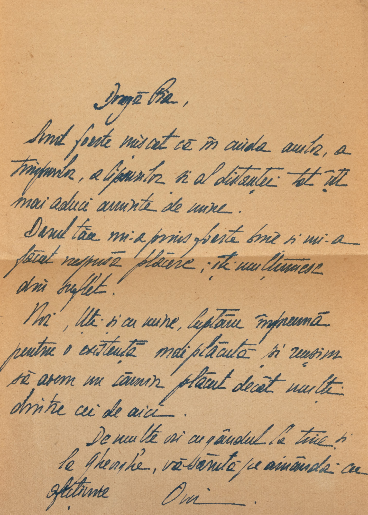 Holograph letter sent from compulsory domicile by Oni Brătianu to Pia Pillat, communist period