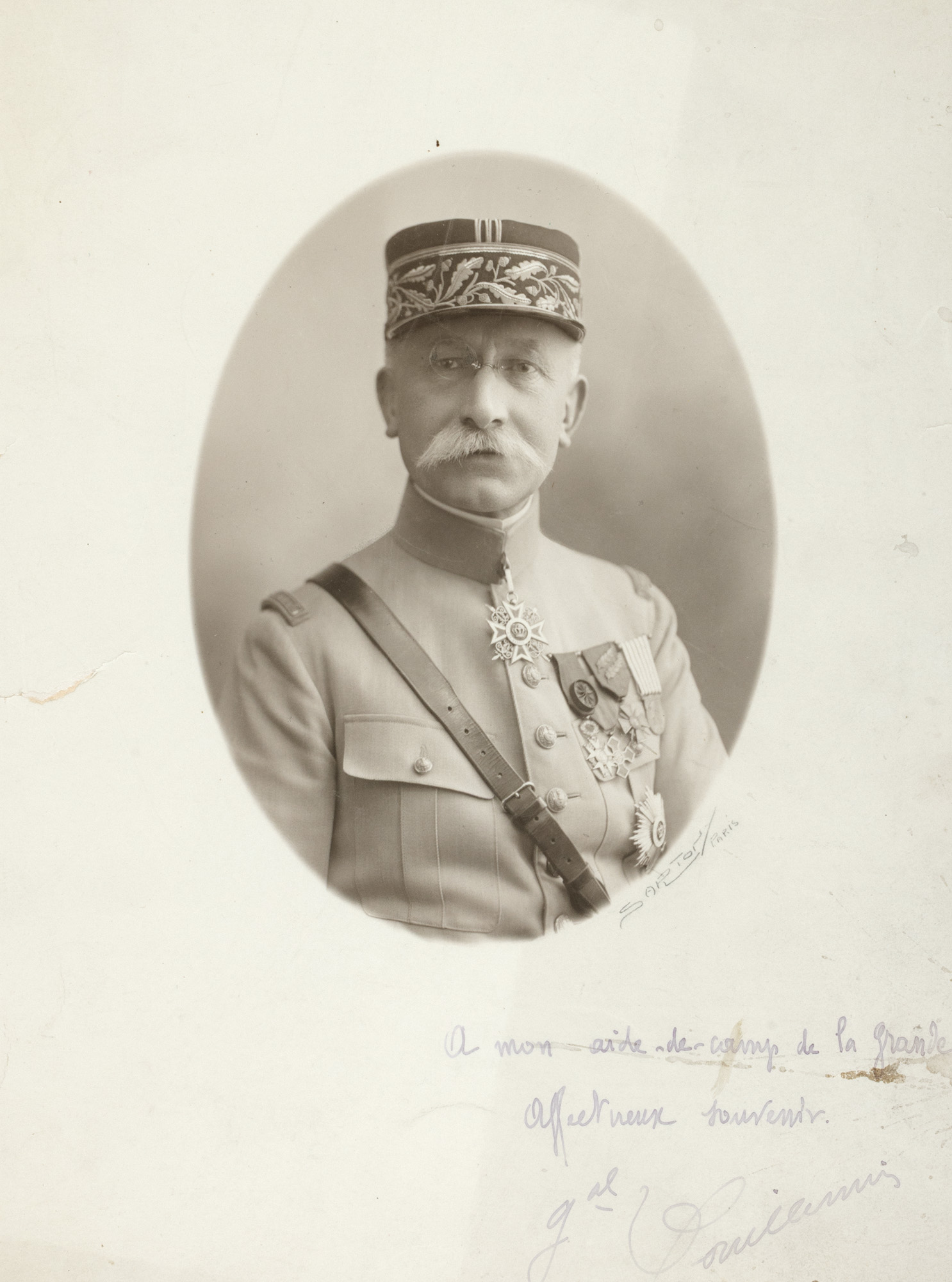 Photograph illustrating General Charles Ernest Vouillemin, Sartony studio, Paris, gifted to Ion Pillat, 1920s, with a handwritten dedication signed by the general