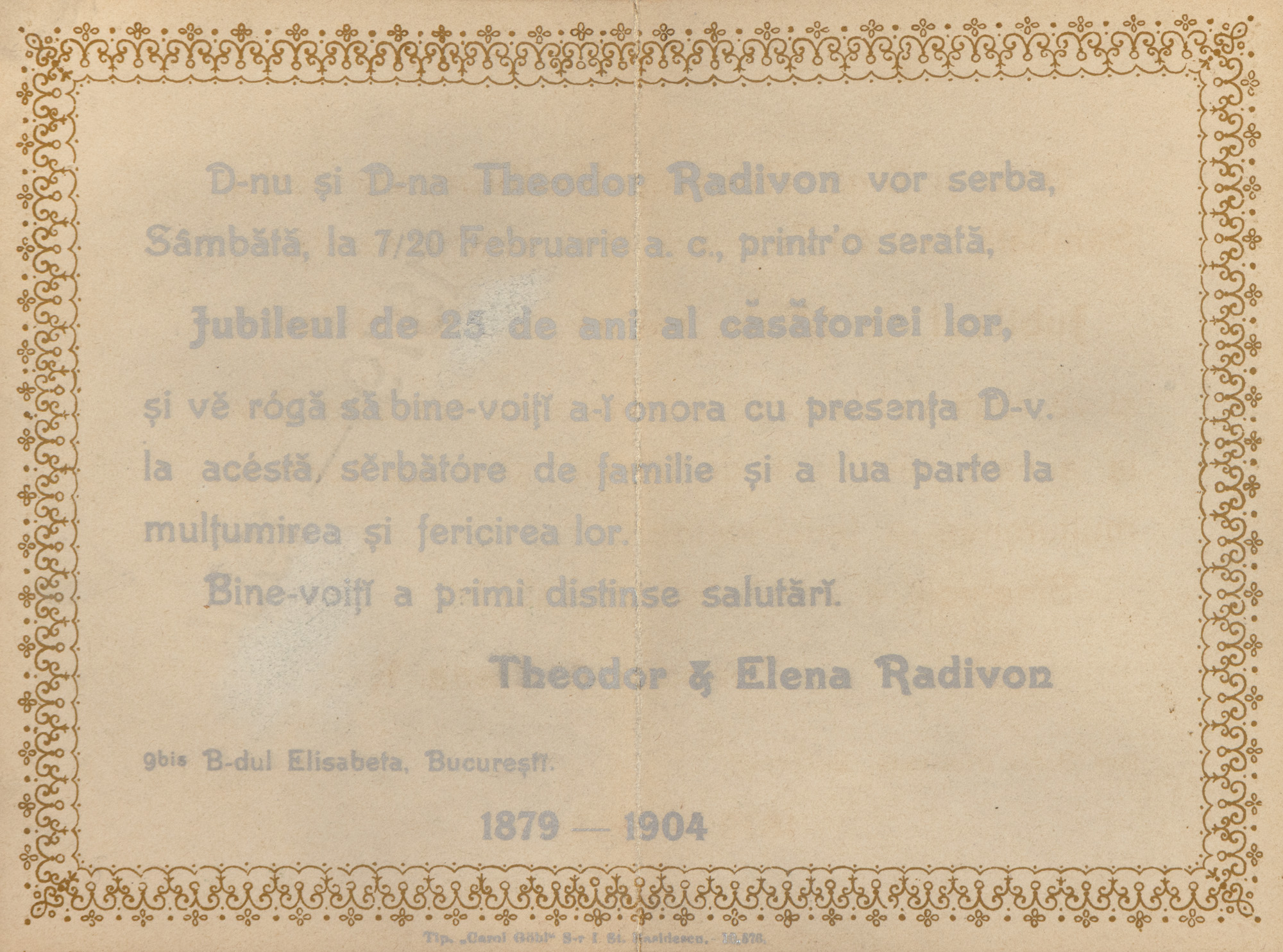 Invitation to the 25th anniversary of the marriage between Theodor and Elena Radivon, Bucharest, 1904, rare piece, for collection