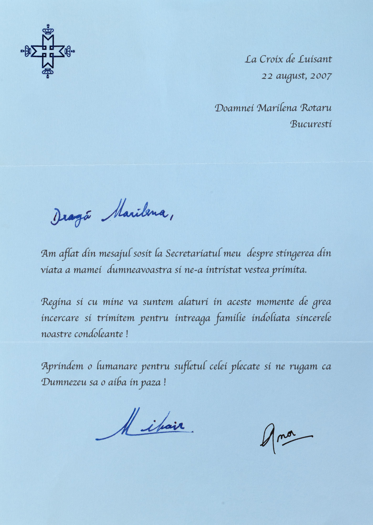 Scrisoare trimisă și semnată de Regele Mihai și Ana de Bourbon-Parma către Marilena Rotaru, București, 2007