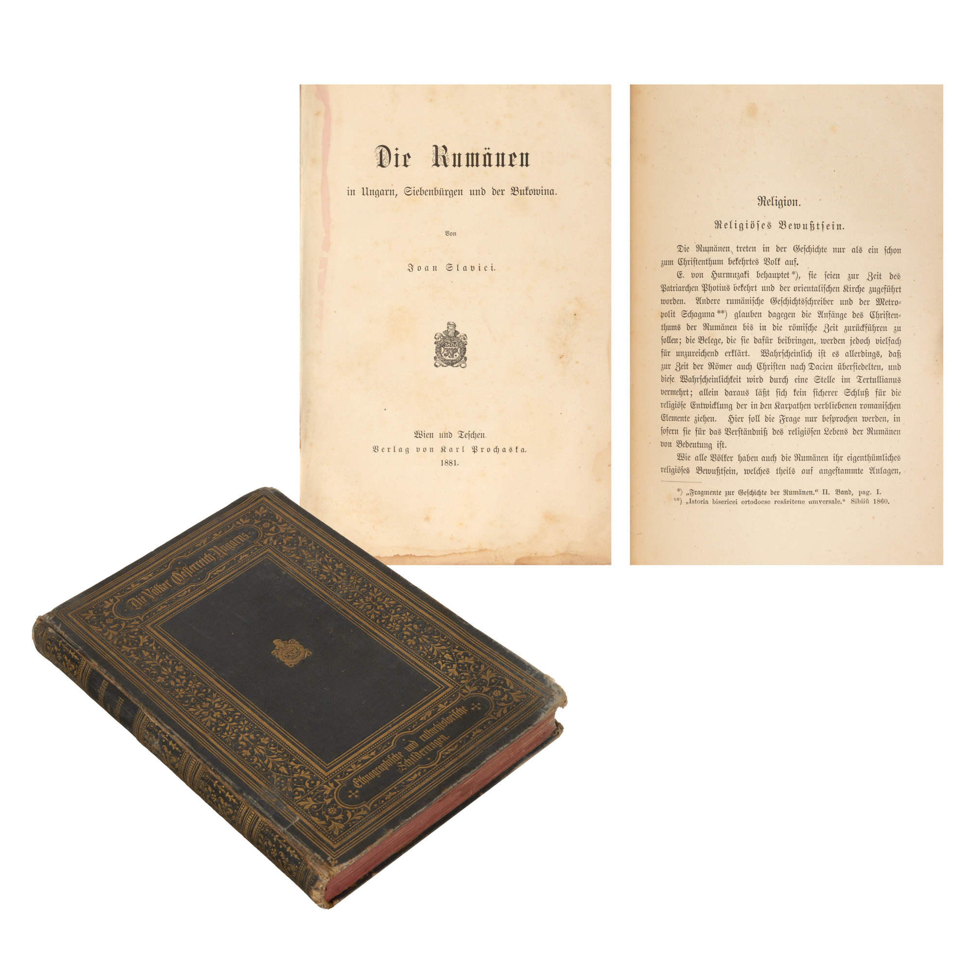”Românii din Ungaria, Transilvania și Bucovina”, de Ioan Slavici, ediție princeps, germană, Viena și Leipzig, 1881, cu ex-libris, exemplar bibliofil