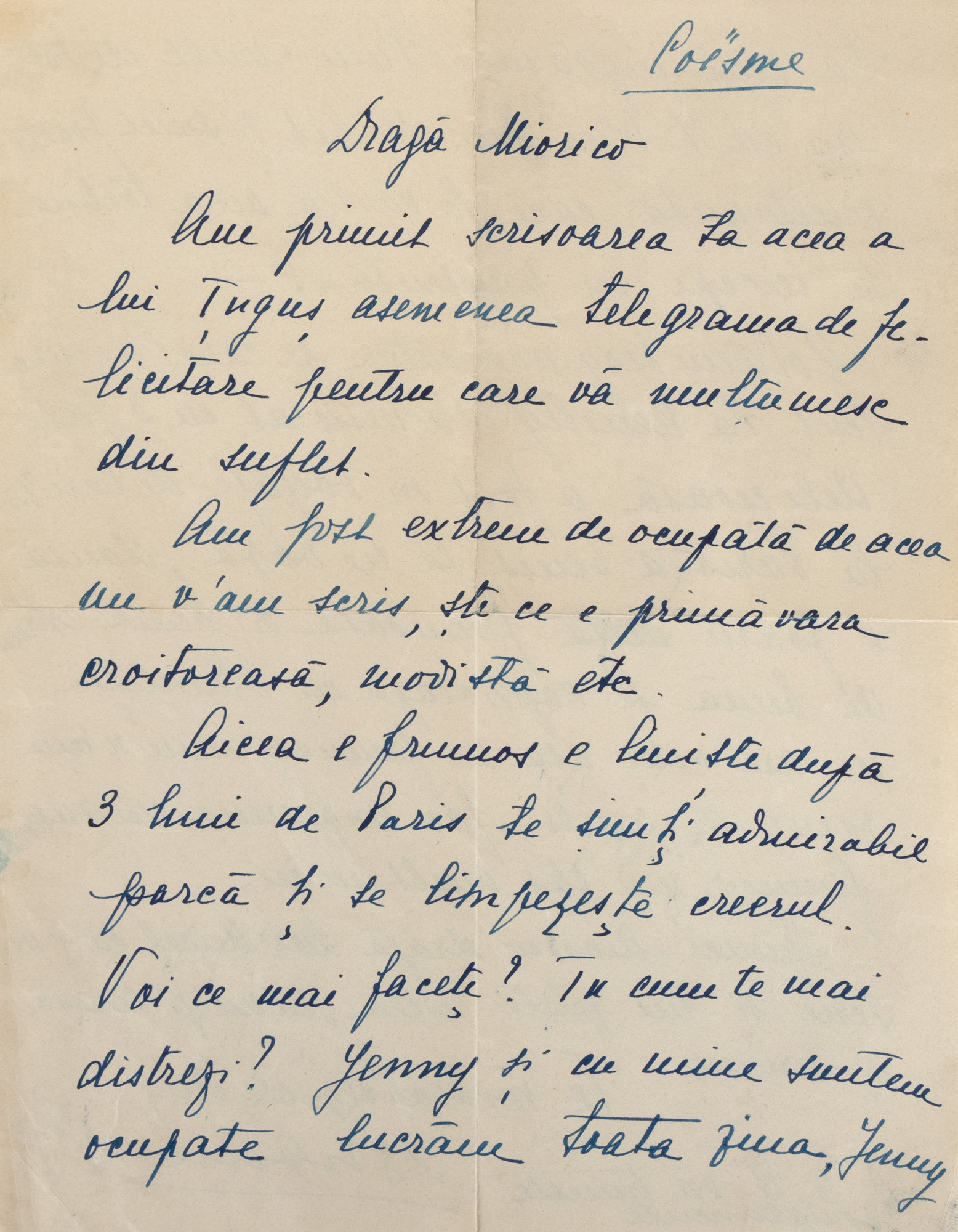 Scrisoare trimisă de Elena Lupescu unei prietene, 23 mai 1930, castelul Coësmes, Franța, semnată cu apelativul ”Duduia”, piesă rară (o filă)