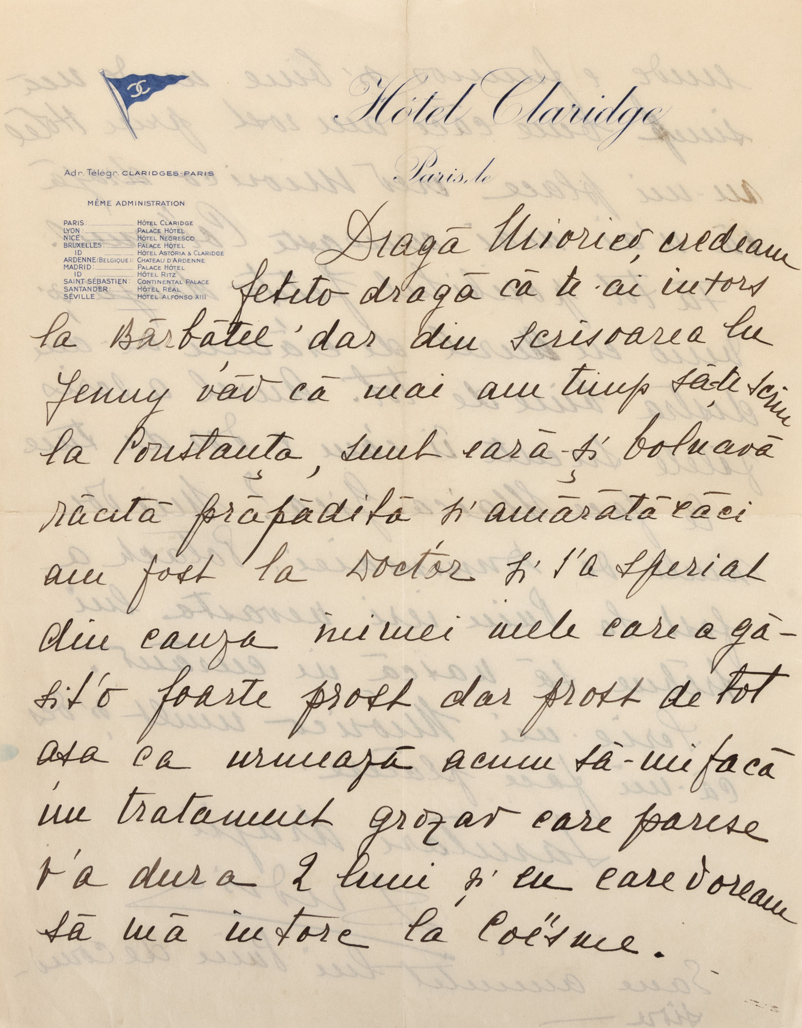Scrisoare trimisă de Elena Lupescu unei prietene, probabil aprilie-mai 1930, hotel Claridge, Paris, semnată cu apelativul ”Duduia”, piesă rară (o filă)