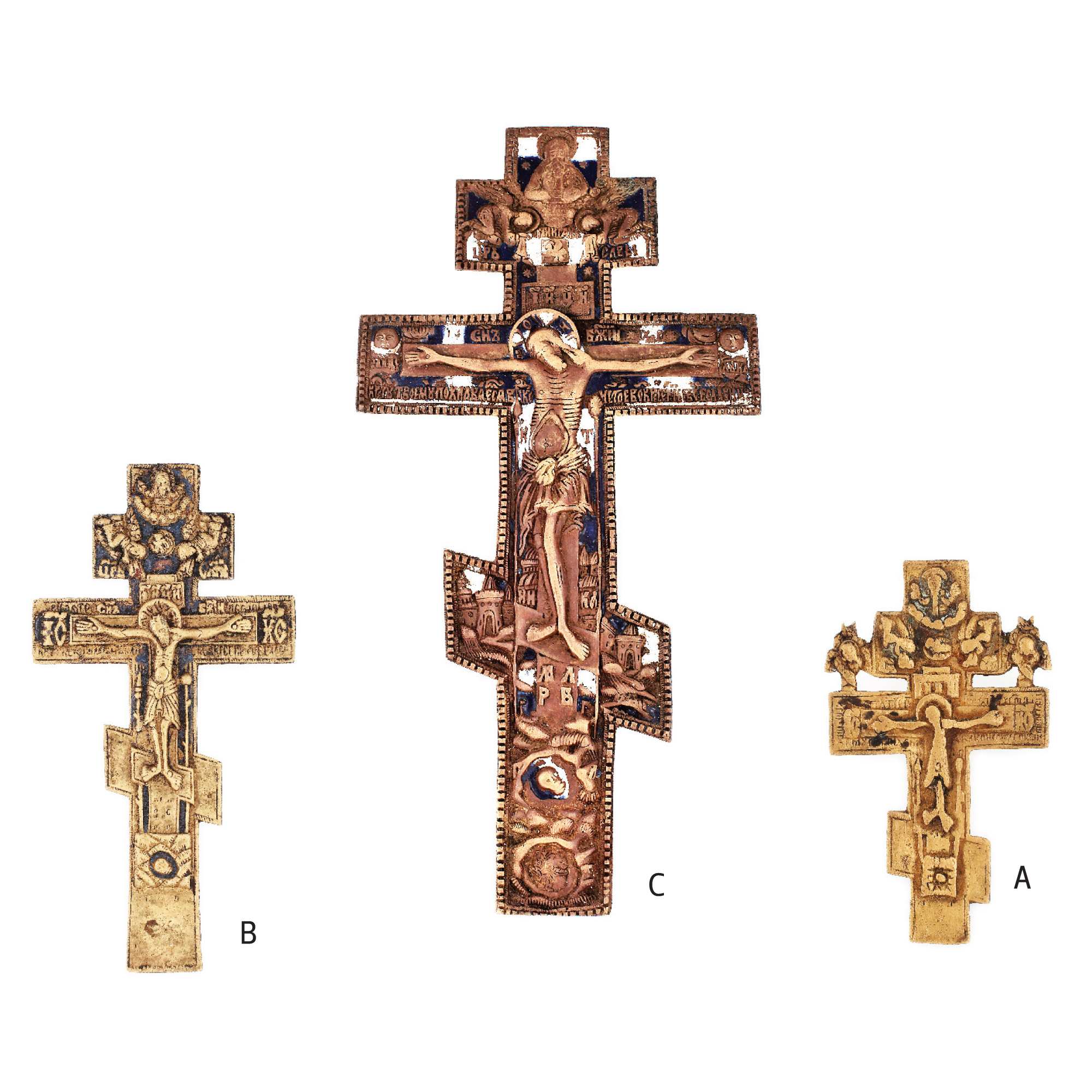 Lot format din trei crucifixuri din bronz şi alamă, sec. XIX