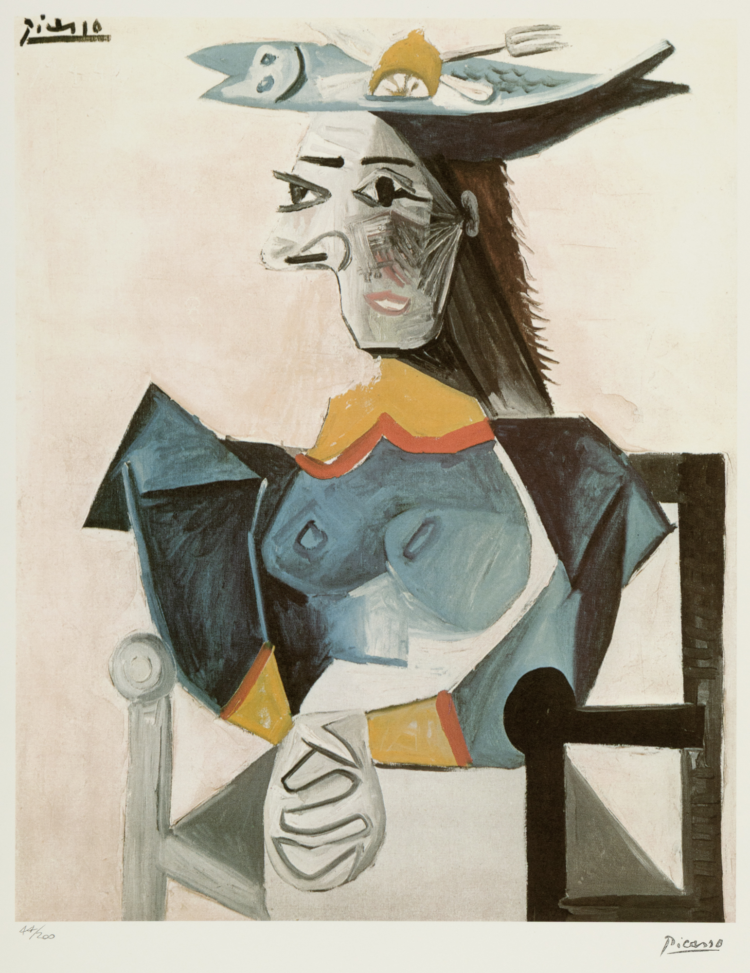Seated wife with a hat in the shape of a fish