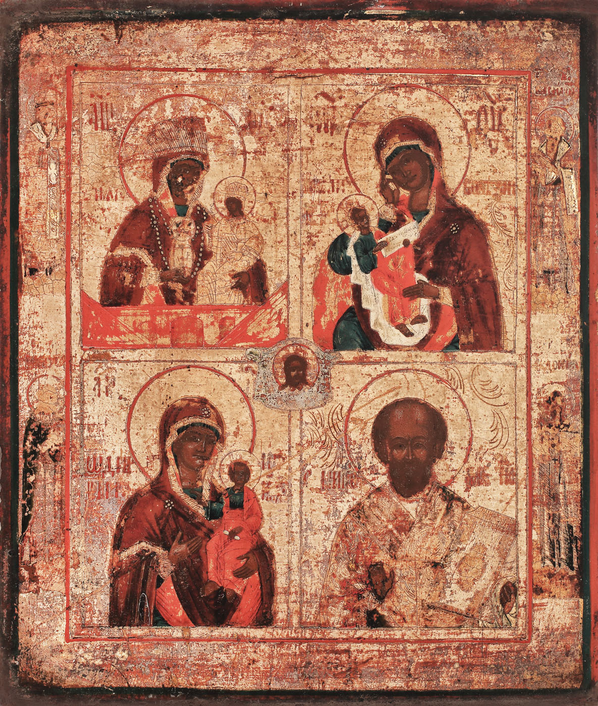 Inedită icoană pe lemn, reprezentând pe Maica Domnului cu Pruncul în 3 variante iconografice și sfântul Nicolae, Rusia, cca. 1850