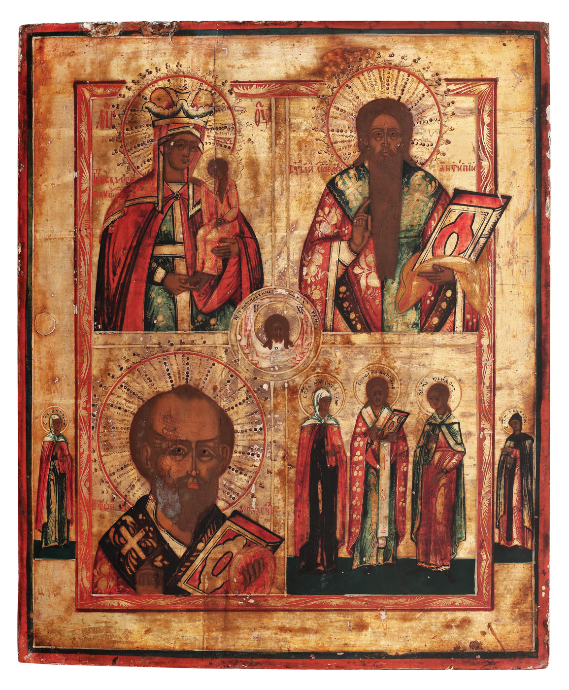 Icoană pe lemn, ”Maica Domnului cu Pruncul, Sfântul Antipie, Sfântul Nicolae și Iustina, Casian și Trifon”, cca. 1830-1850