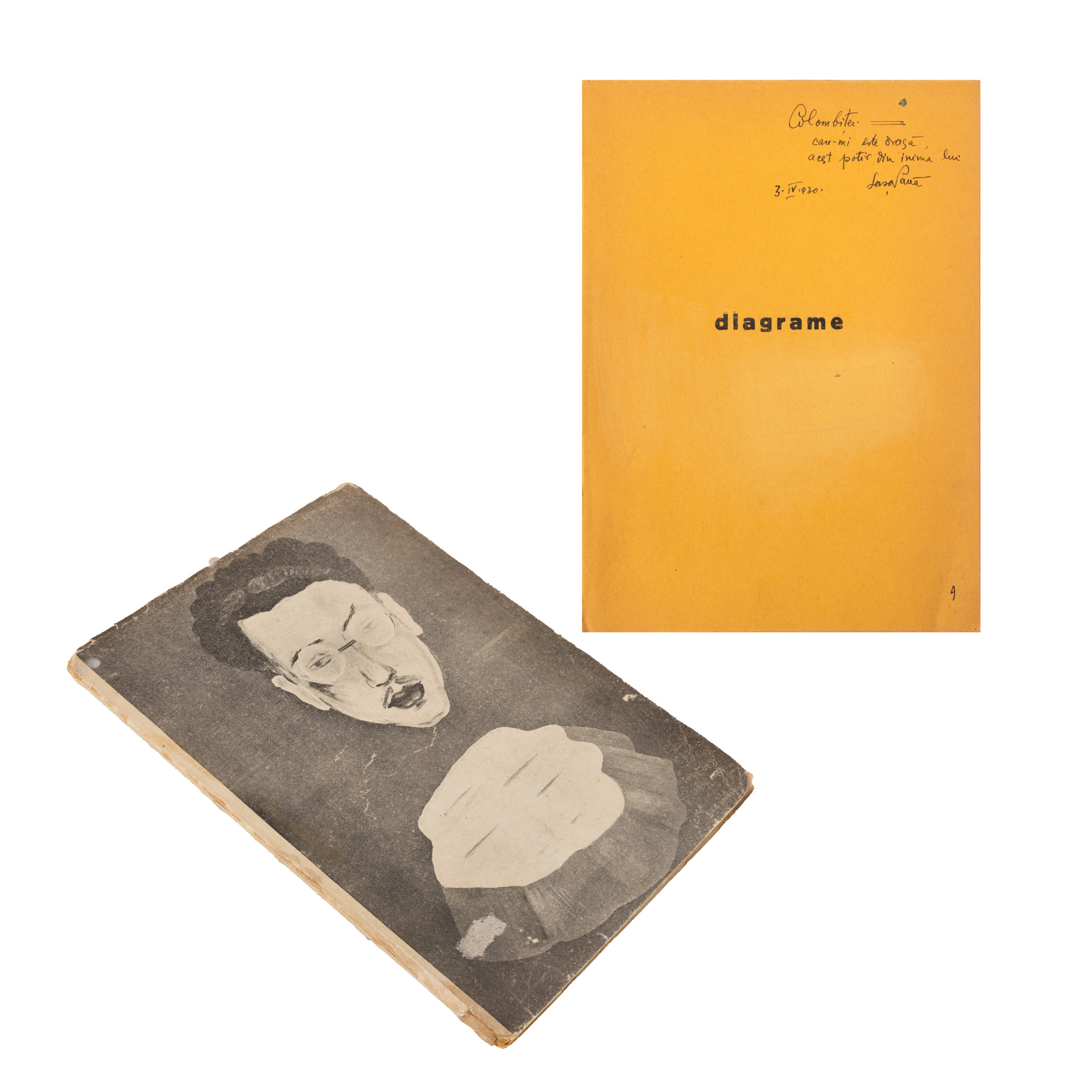 ”Diagrame”, de Sașa Pană, București, 1930, cu dedicație și semnătură olografă a lui Sașa Pană către Colomba Voronca, soția poetului Ilarie Voronca, exemplar netăiat