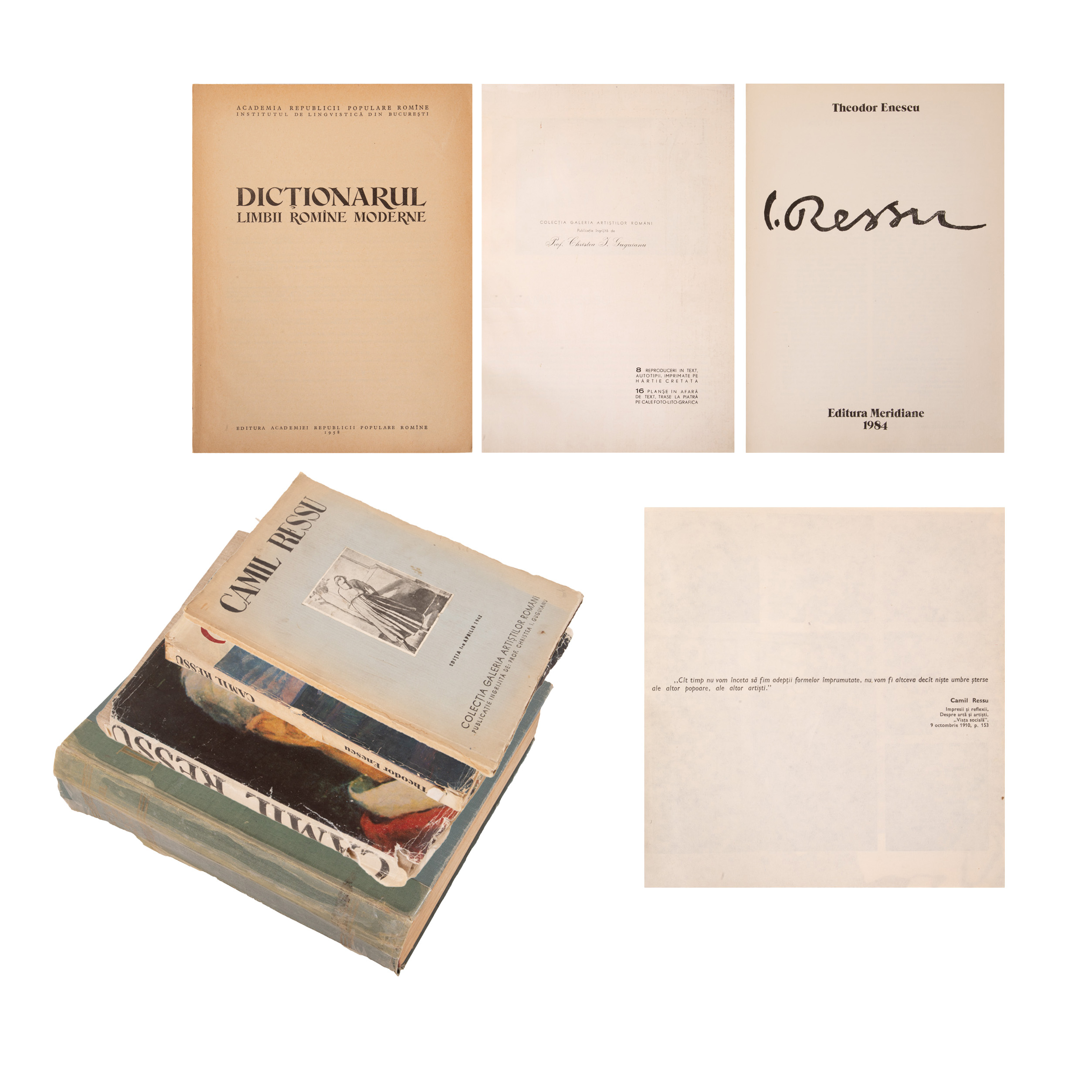 Lot consisting of 3 Camil Ressu albums and a copy of the Dictionary of Modern Romanian Language, with a handwritten dedication from Ressu to his nephew