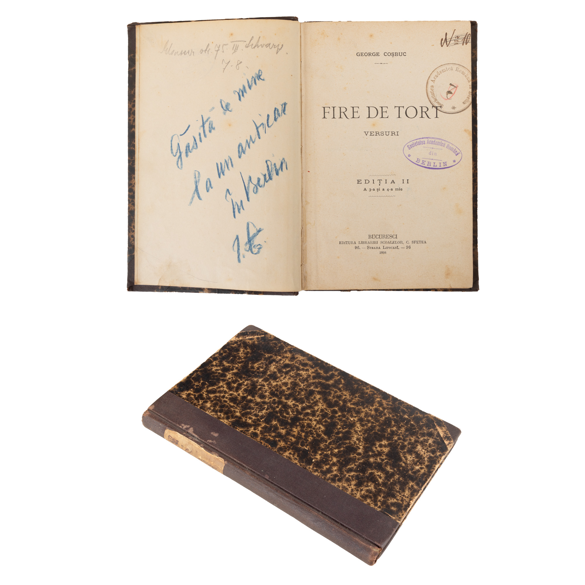 "Threads of Pain" by George Coșbuc, Bucharest, 1898, with two distinct ex-libris of the Romanian Academic Society from Berlin