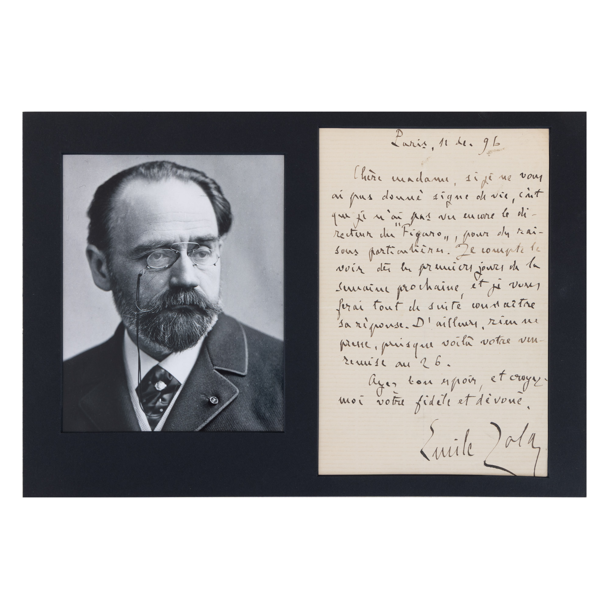 Lot format din fotografie ilustrându-l pe Émile Zola, și o scrisoare olografă a acestuia, datată 1897 și semnată, însoțită de certificat de autenticitate