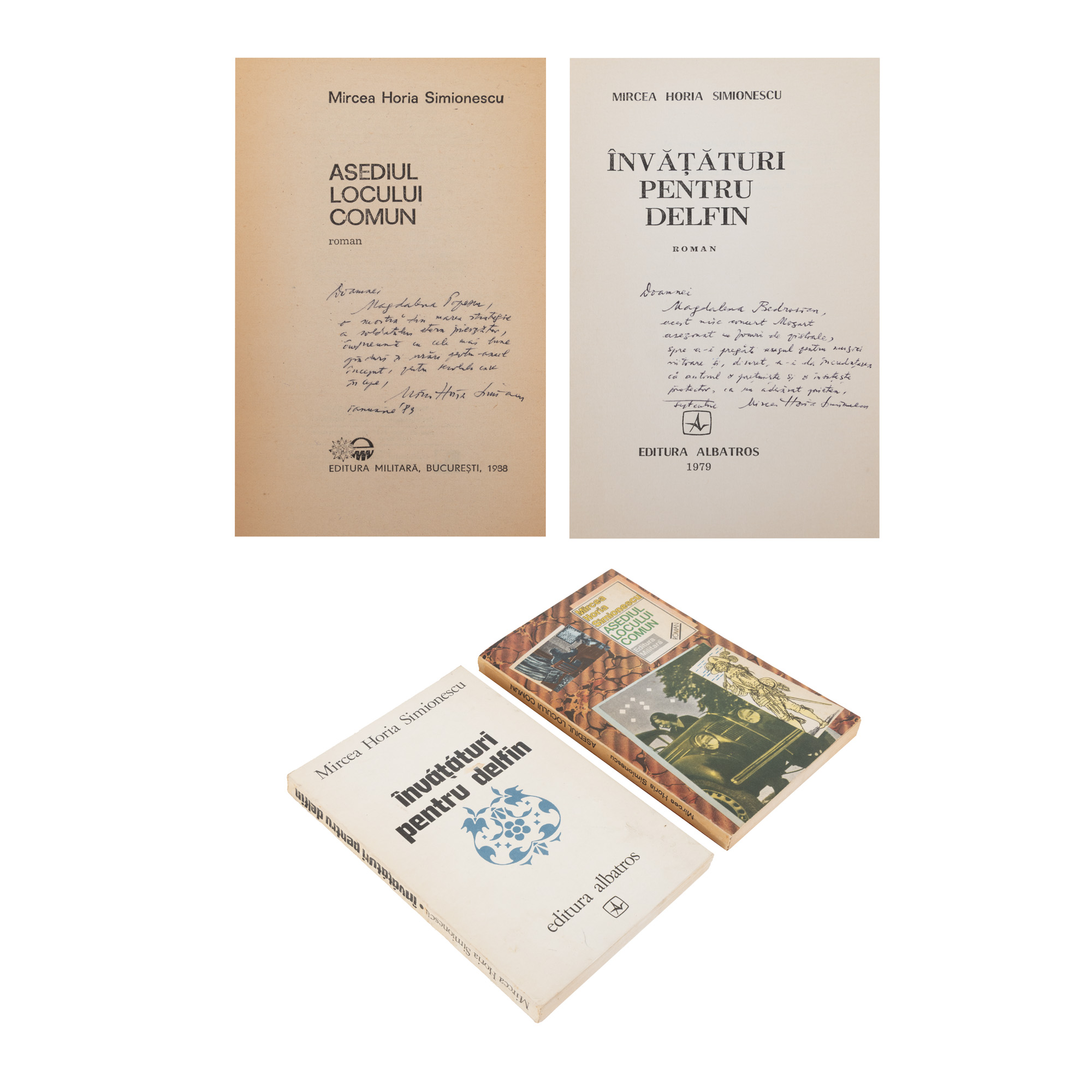 Lot consisting of "Teachings for the Dolphin" and "The Siege of the Common Place", by Mircea Horia Simionescu, first editions, Bucharest, 1979-1988, with the dedications and holograph signatures of the author to Magdalena Popescu-Bedrosian, from whose collection they originate.