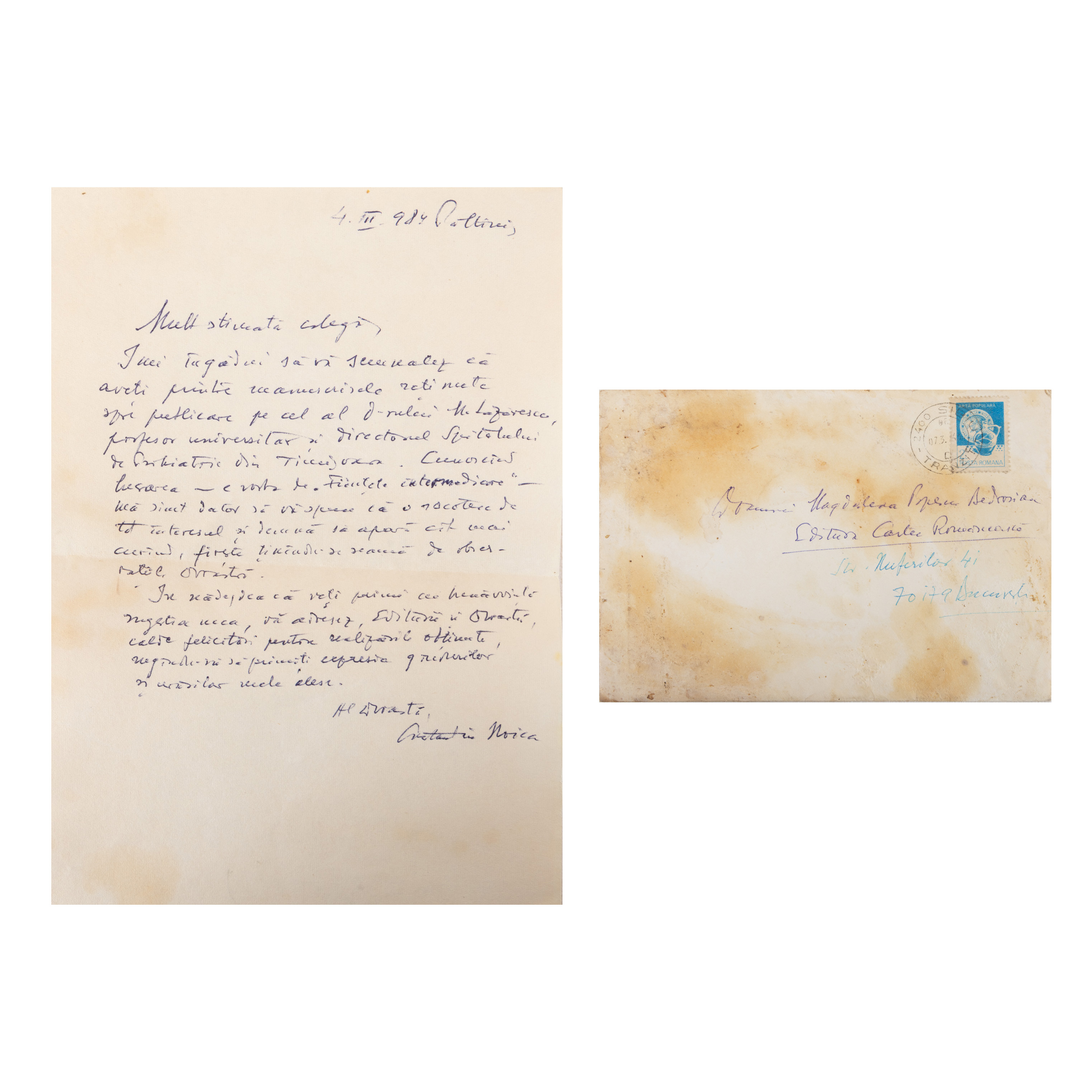 Handwritten letter, signed, recommending a friend, to Magdalena Popescu Bedrosian from Constantin Noica, Paltinis, March 4, 1984, along with the original envelope, comes from her archive