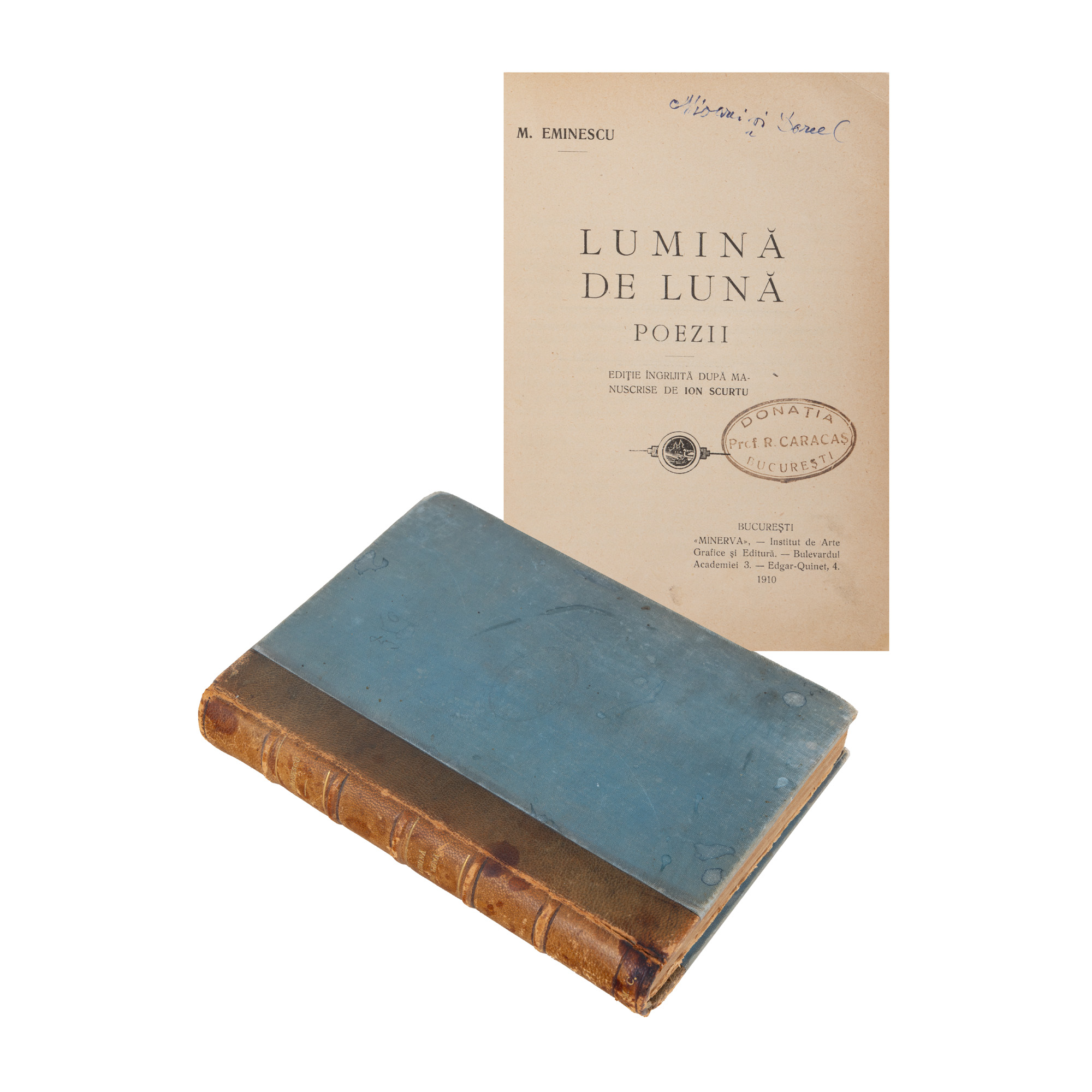 "Moonlight", by Mihai Eminescu, Ion Scurtu edition, Bucharest, 1910, with the ex-libris of the literary historian Remus Caracaș