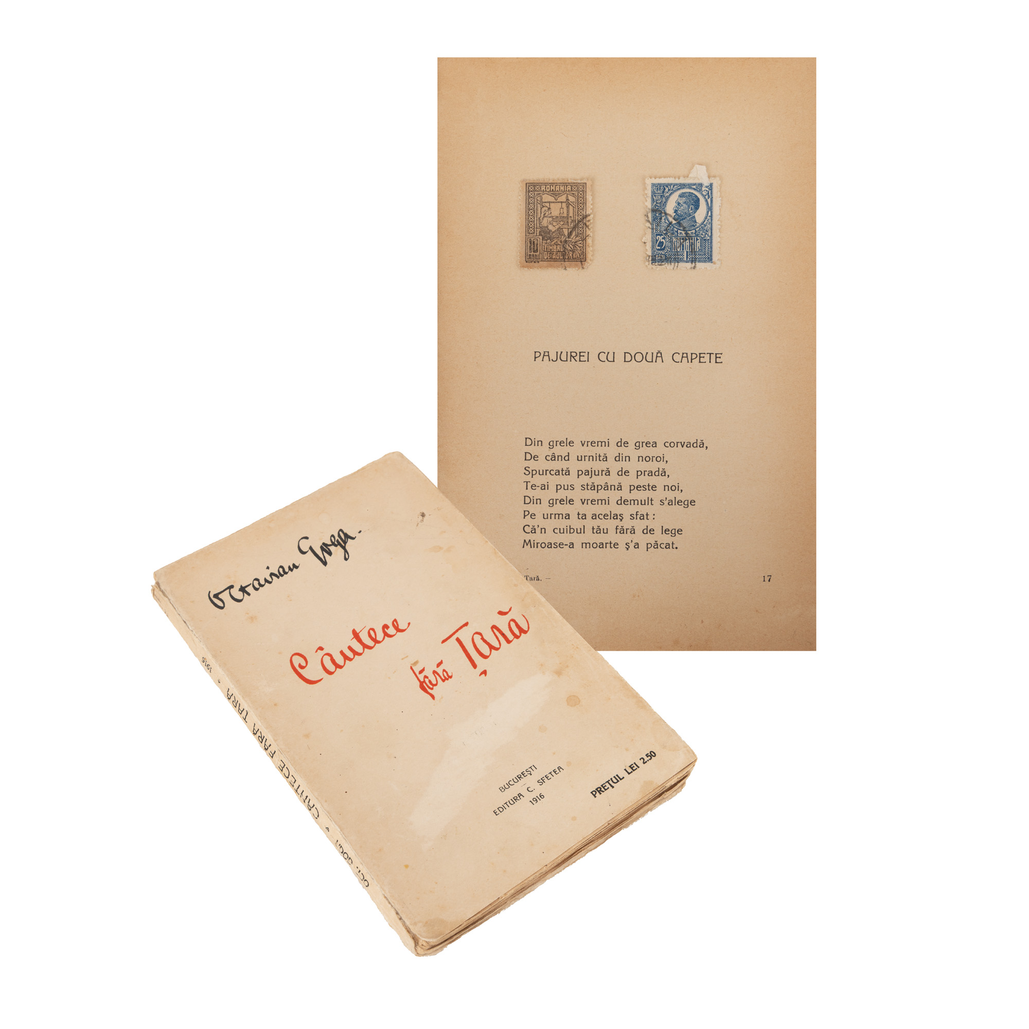 "Songs without a Country" by Octavian Goga, first edition, Bucharest, 1916, with the author's holograph signature