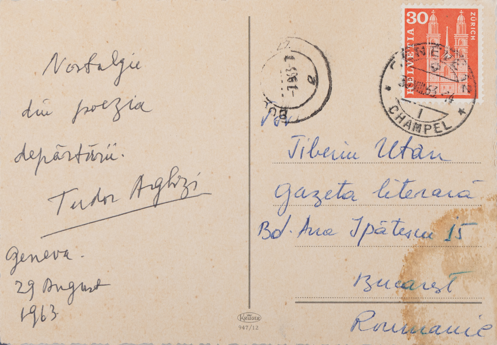Carte poștală fotografică trimisă de Tudor Arghezi către poetul Tiberiu Utan, 1963