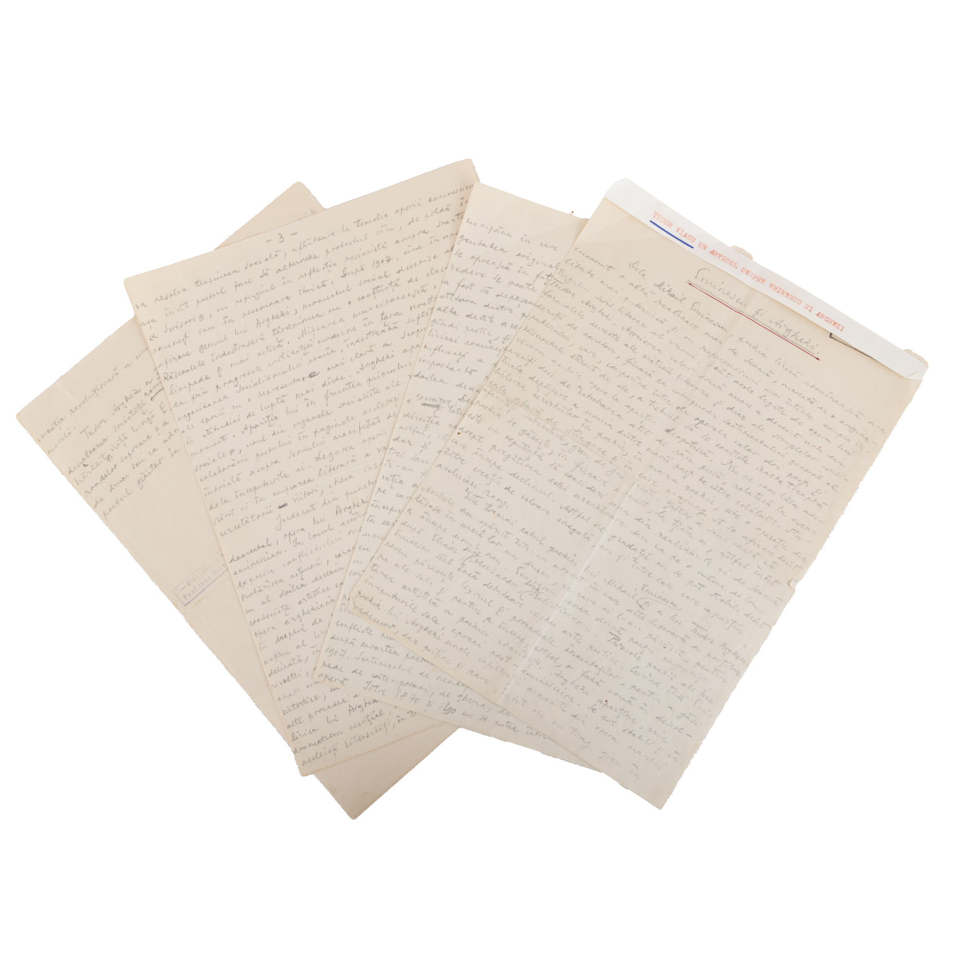 Manuscris ”Eminescu și Arghezi”, redactat și semnat olograf de Tudor Vianu, cu ex-librisul bibliofilului Ioan Iliescu